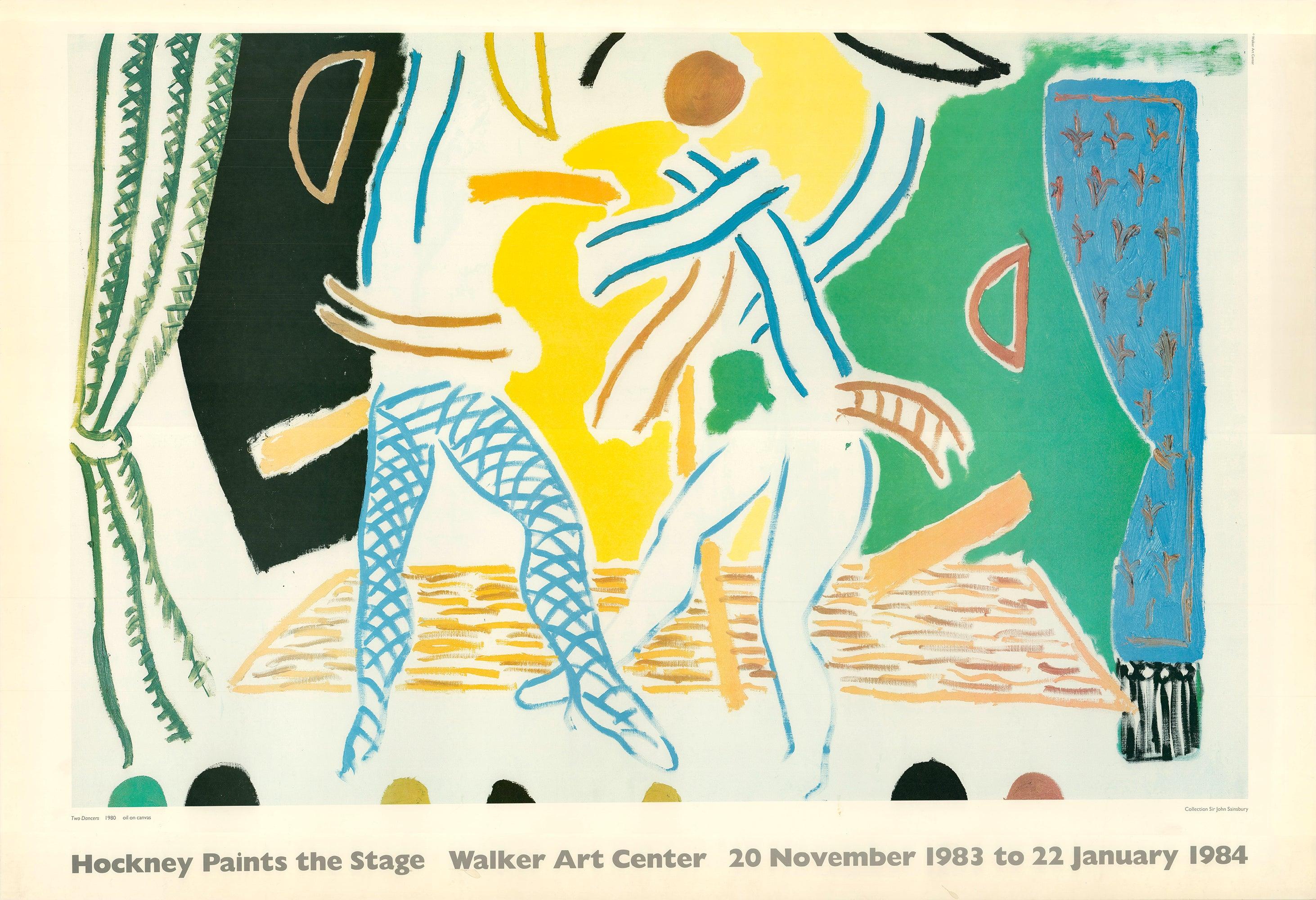 First edition exhibition poster for Hockney Paints the Stage, held at the Walker Art Center in 1983. Published by Petersburg Press and mounted on museum board, this original poster is catalogued in Brian Baggott’s David Hockney Posters as no. 78.