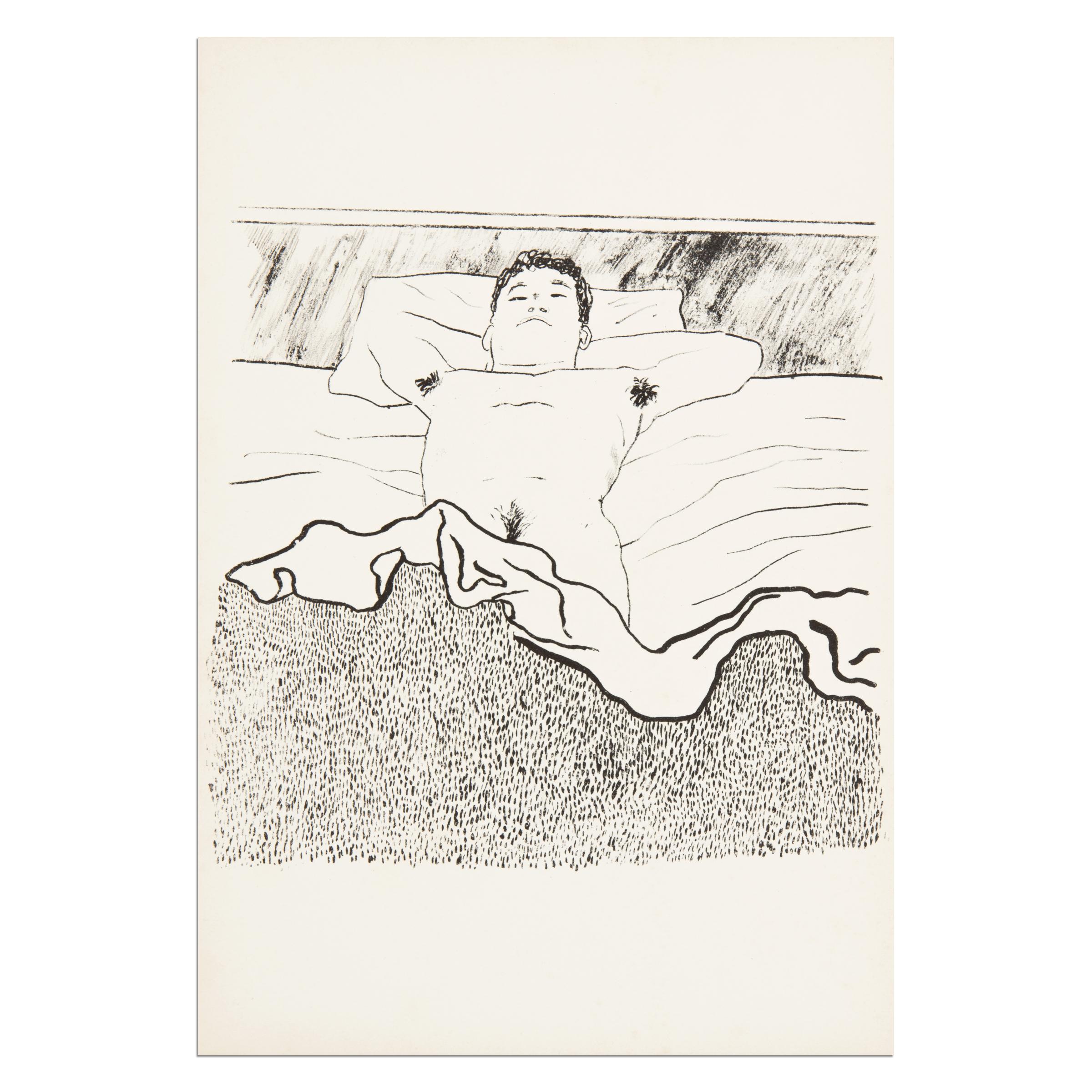 David Hockney
Untitled (from Geh durch den Spiegel), 1966
Medium: Lithograph on paper
Dimensions: 14 7/10 × 10 1/10 in (37.3 × 25.6 cm)
Edition of 250: Not signed, not numbered
Condition: Very good (never framed)