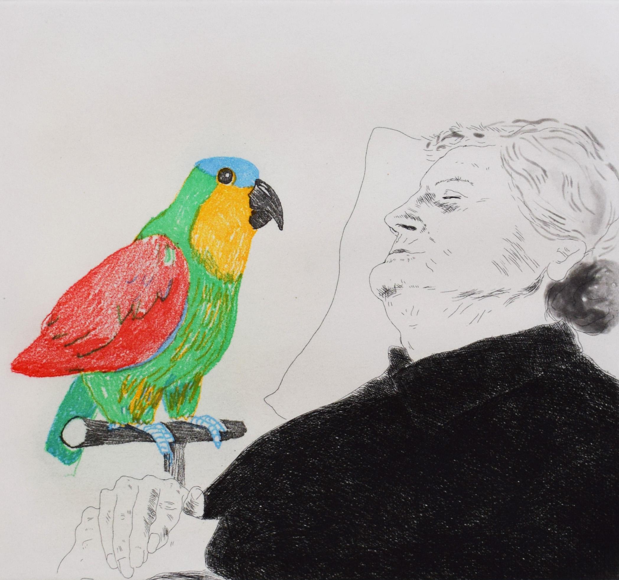 David Hockney Animal Print - Félicité Sleeping with Parrot, from: Illustration for a Simple Heart of Gustave