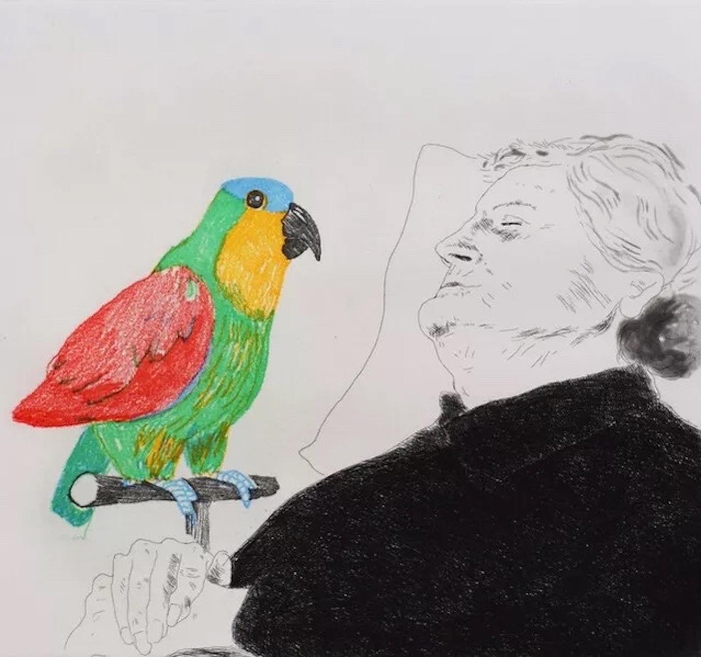 David Hockney Portrait Print - Felicite sleeping with Parrot, from 
illustration for A Simple Heart of Gustave