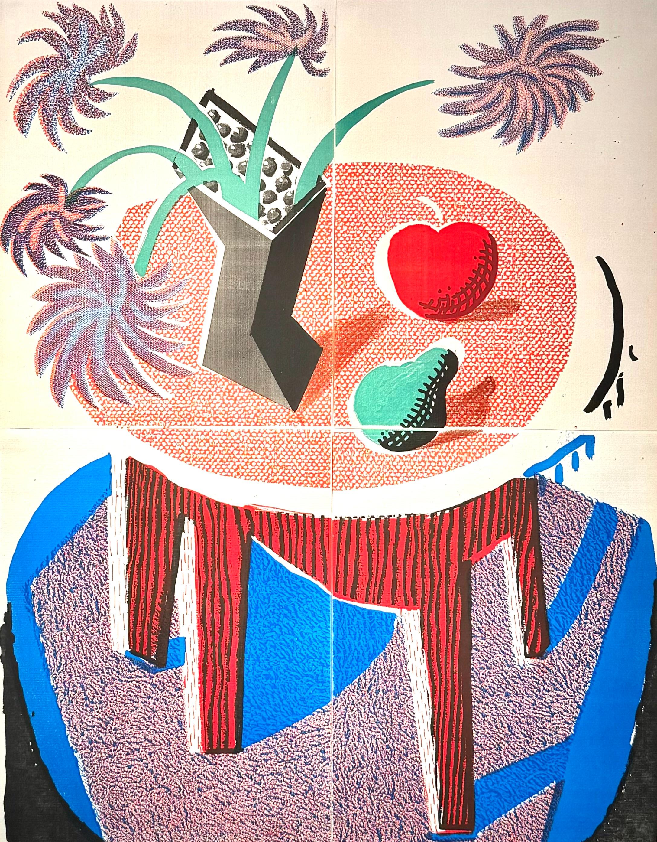 David Hockney Still-Life Print - Flowers, Apple 
Pear on a Table