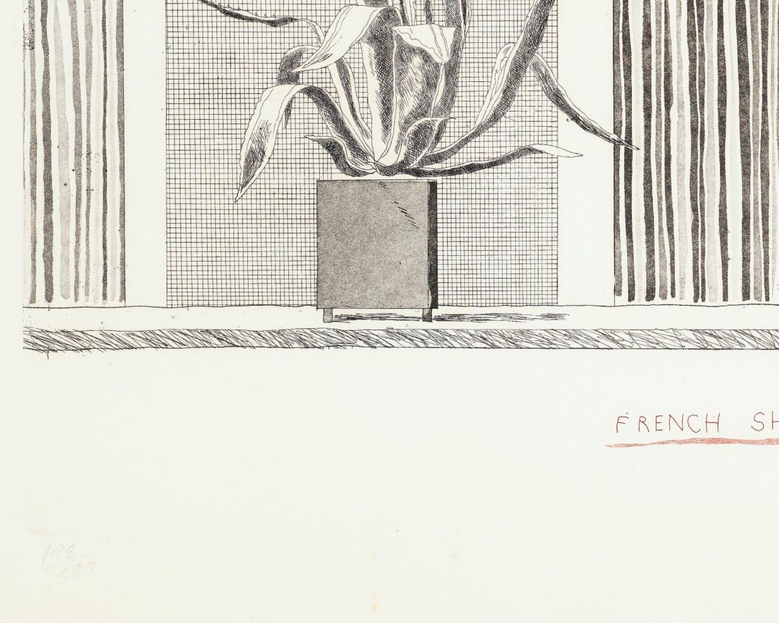 DAVID HOCKNEY
French Shop, 1971
Etching with aquatint, on Rives BFK mould-made paper
Signed, dated and numbered from the edition of 500
Printed by Print Shop, Amsterdam
Published by Observer, London
Plate: 54.0 x 46.0 cm (21.3 x 18.1 in)
Sheet: 62.5