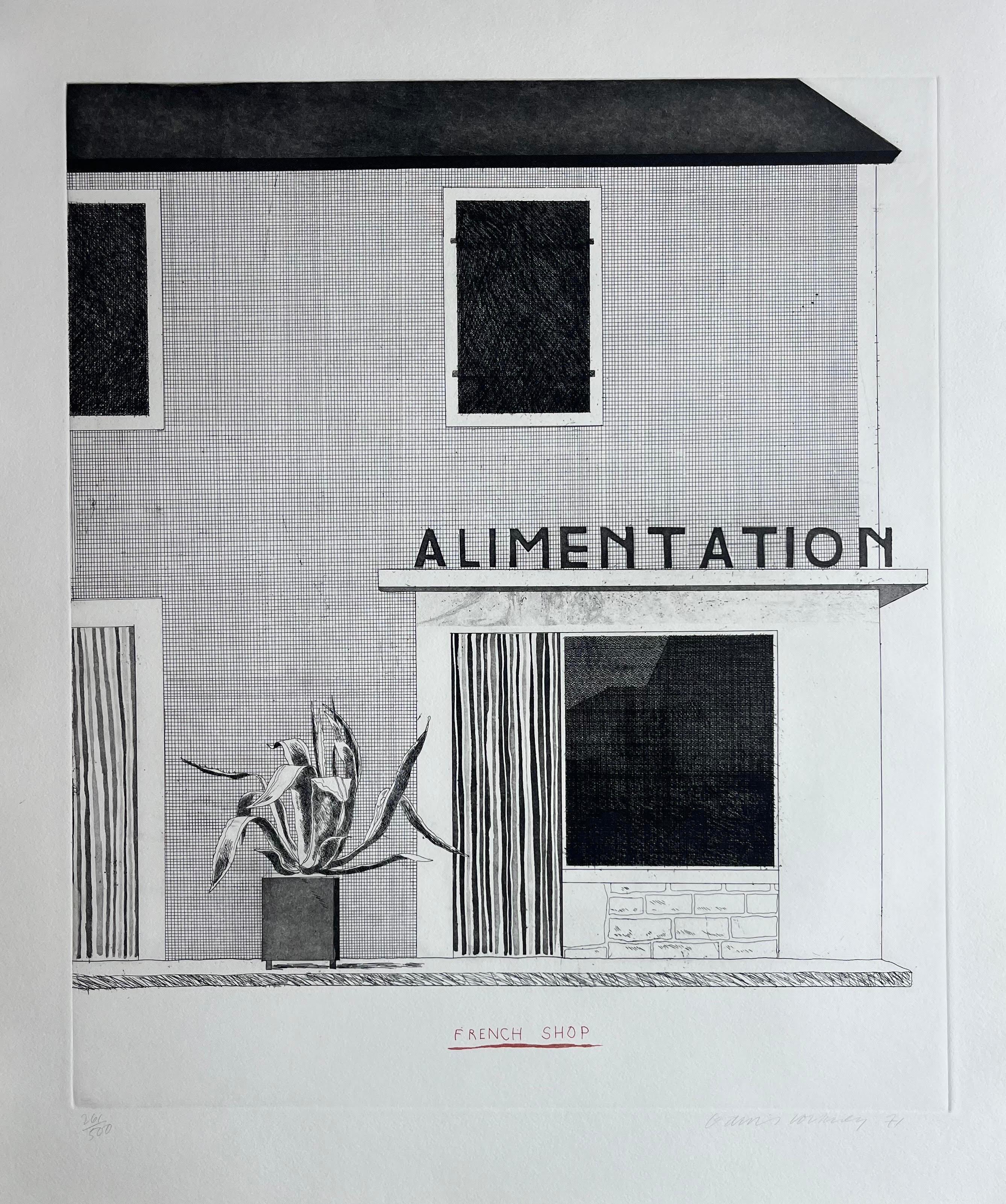 French Shop, 1971
David Hockney

Etching with aquatint on Rives BFK mould-made paper
Signed, dated and numbered
From the edition of 500
Printed by Print Shop, Amsterdam
Published by Observer, London
Plate: 54 × 46 cm (21.3 × 18.1 in)
Sheet: 63.6 ×