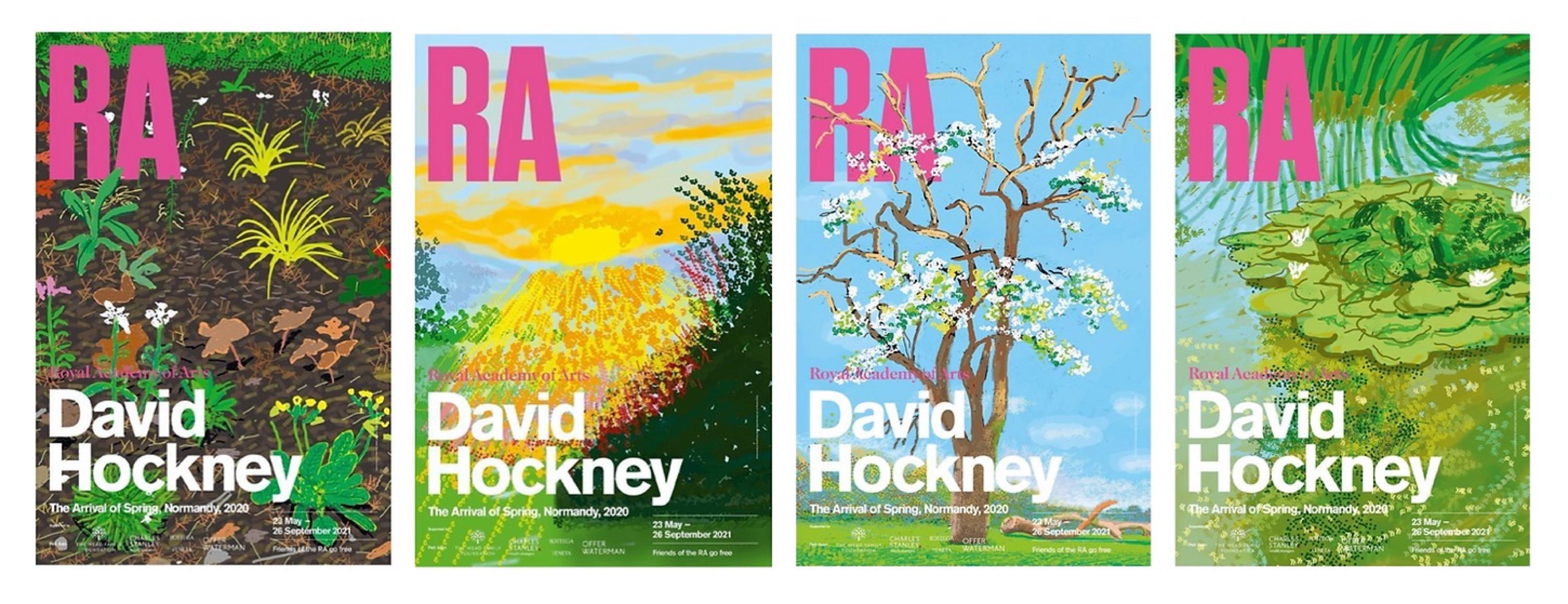 David Hockney Landscape Print – Full set of 4 The Arrival of Spring, Normandy exhibition posters