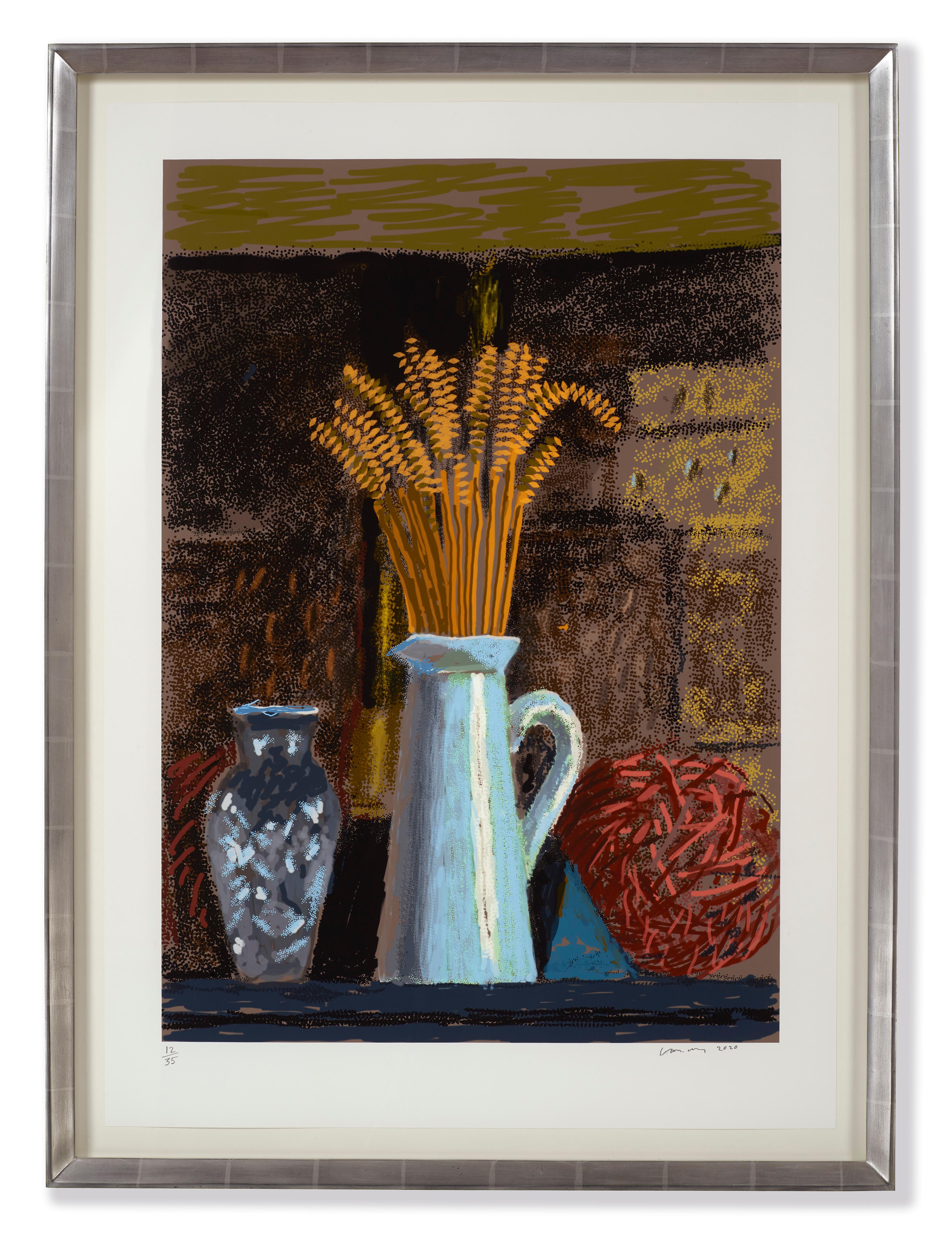 David Hockney Interior Print - Glass Vase, Jug and Wheat
