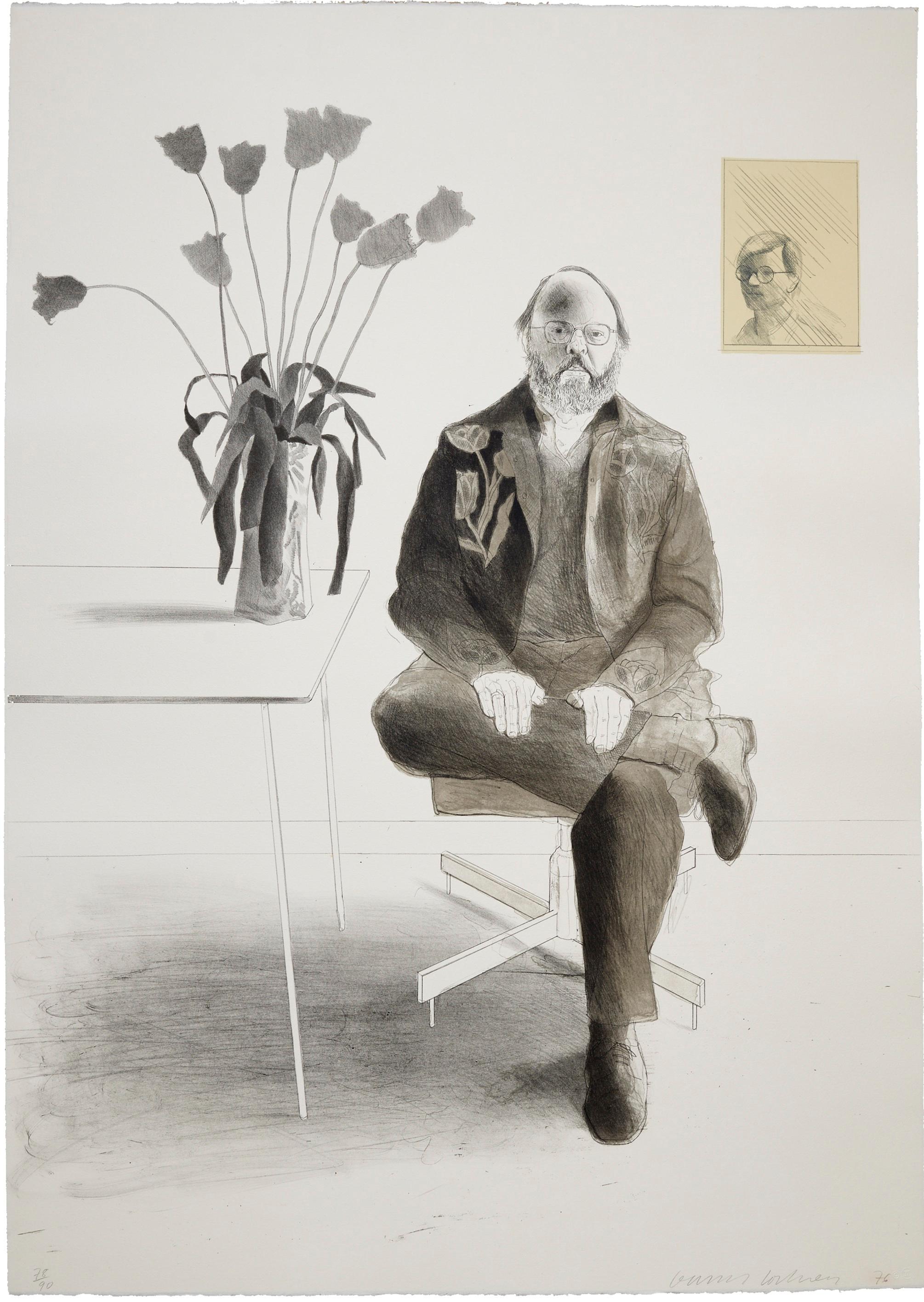 Enrique sentado con tulipanes -- Litografía de David Hockney