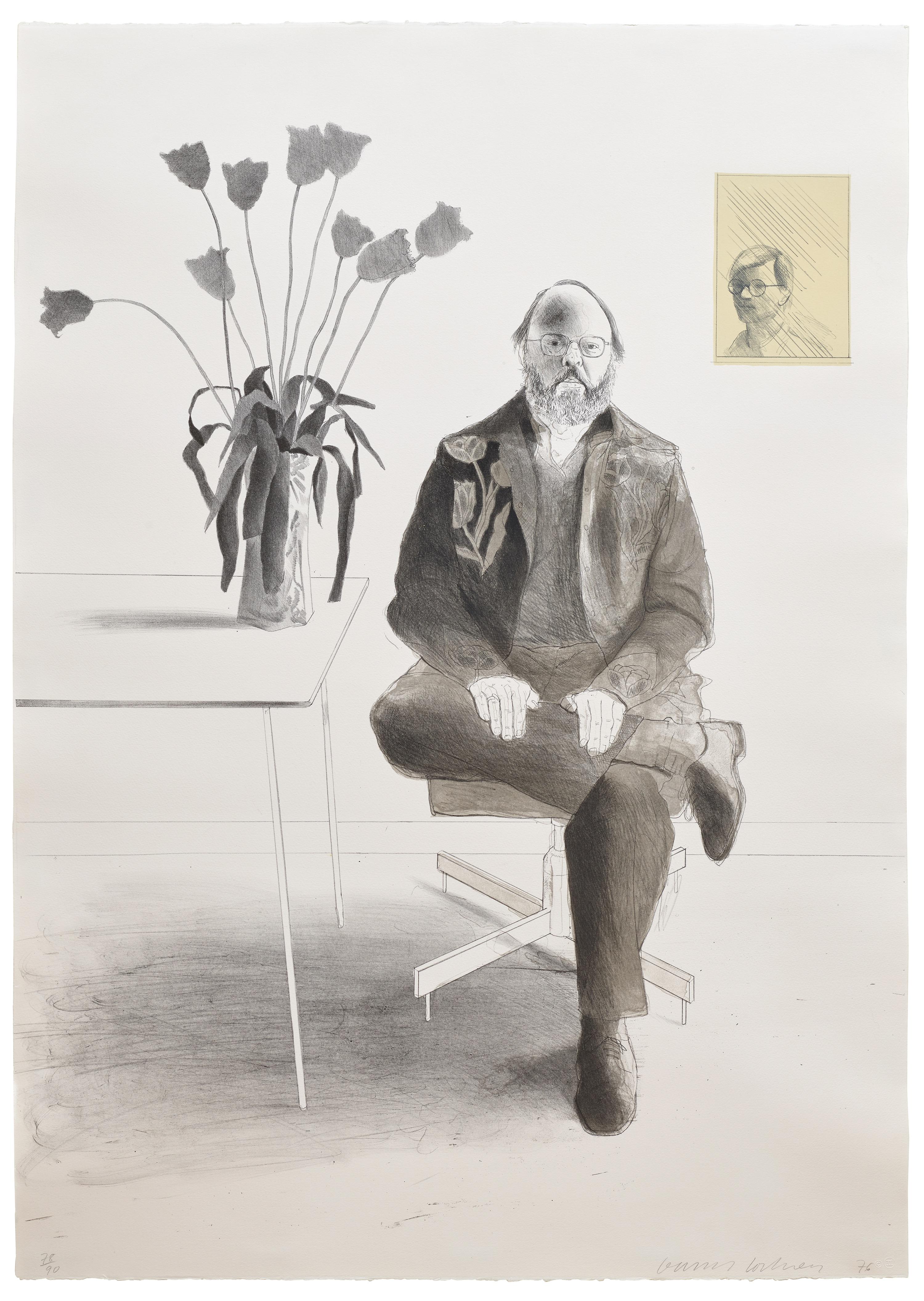Henry sitzend mit Tulpen - Lithographie von David Hockney 1