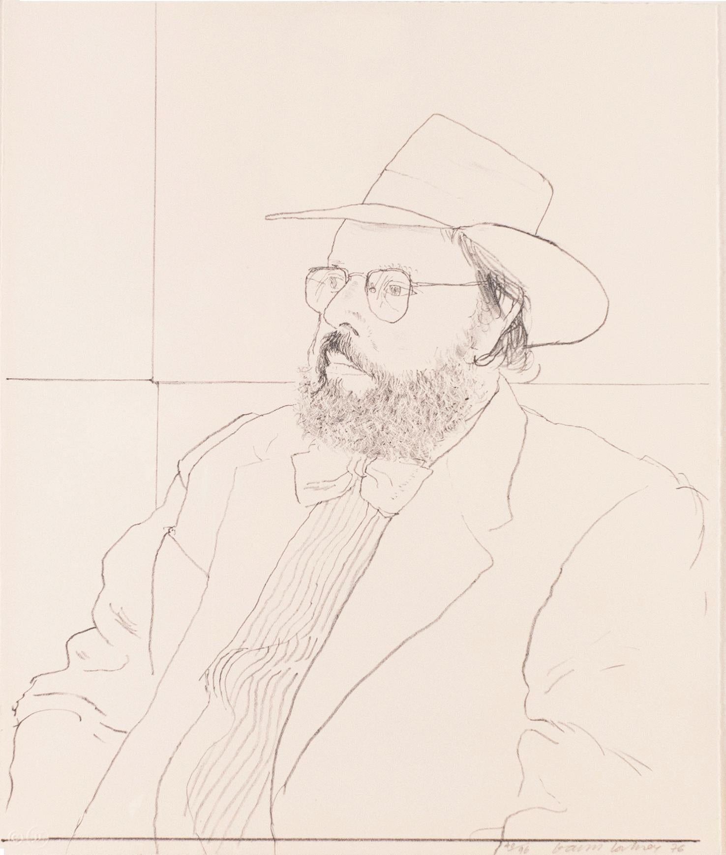 This black and white portrait showcases David Hockney's fine drawing skill, depicting Henry Geldzahler, famed curator at the Metropolitan Museum of Art, New York. Hockney and Geldzahler met at Andy Warhol’s Factory in 1963, and would become fast