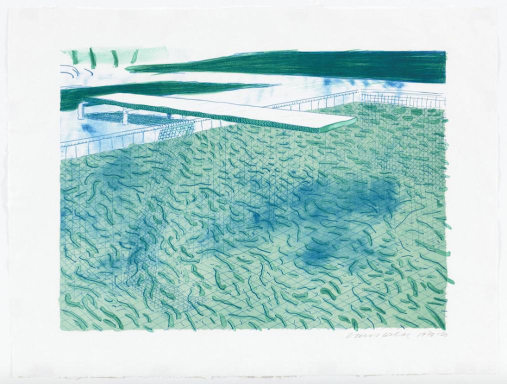 David Hockney Abstract Print - Lithograph of Water Made of Lines, a Green Wash, and a Light Blue Wash