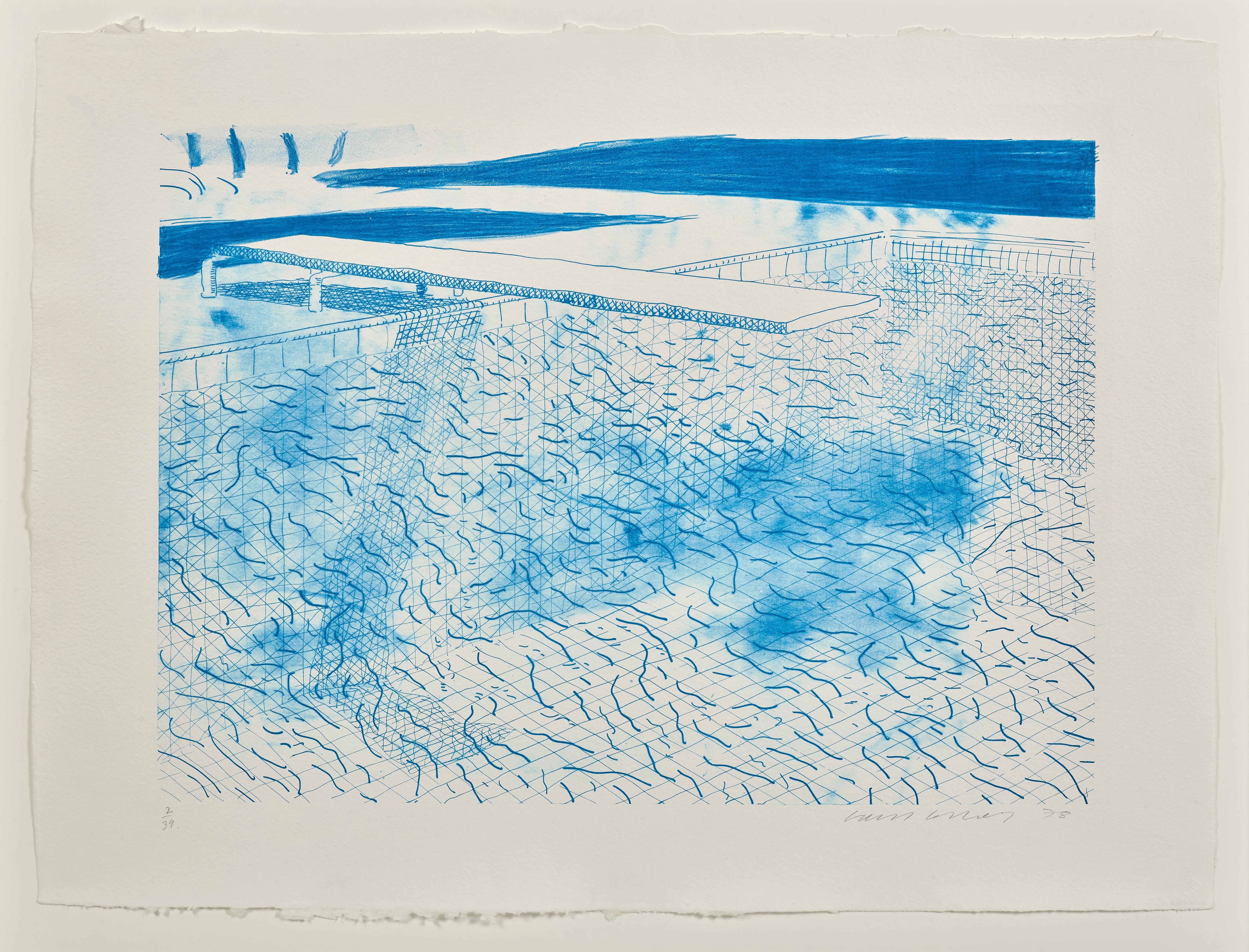 Lithograph of Water Made of Lines, two shades of cyan blue, 1978 - Print by David Hockney