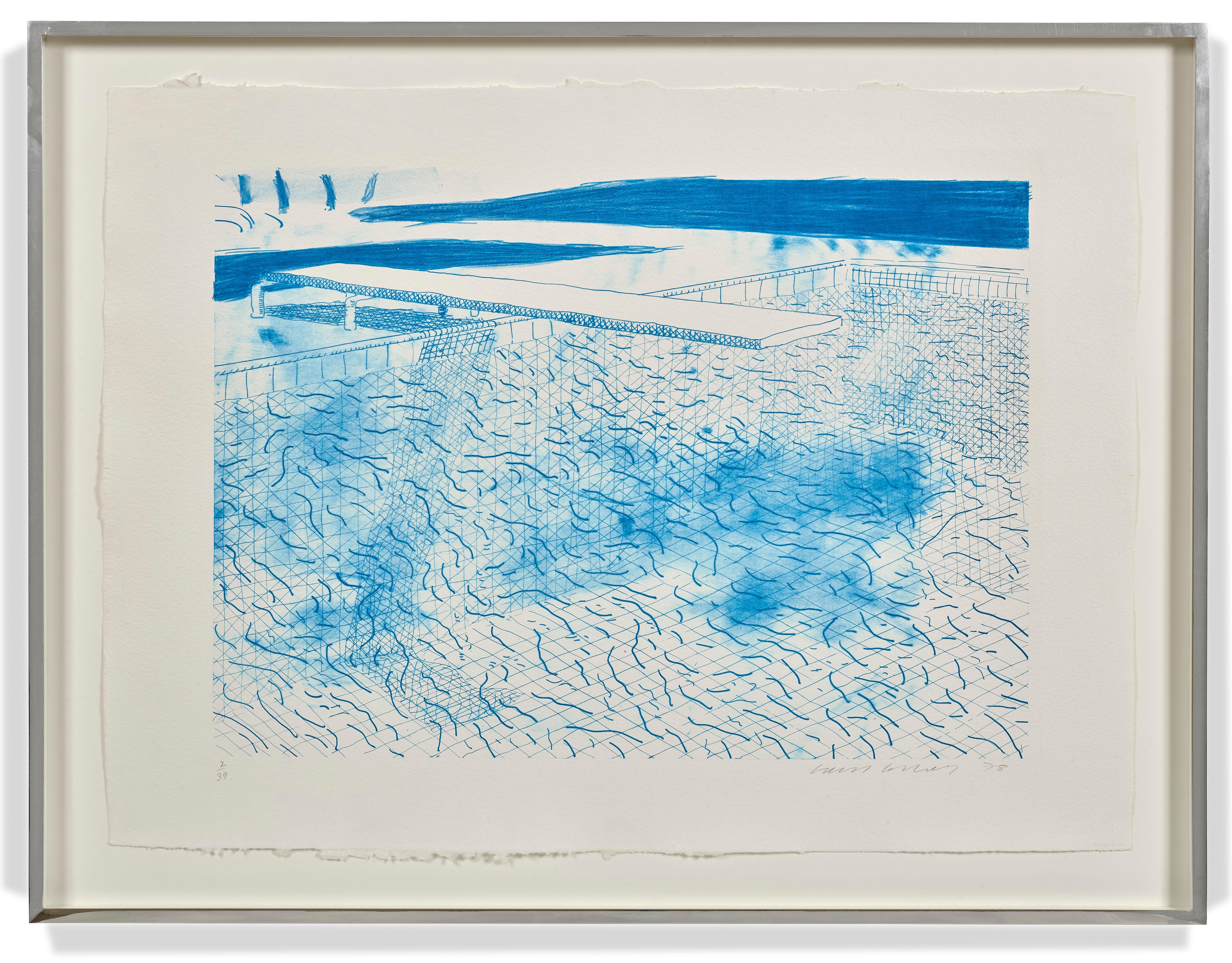 David Hockney Figurative Print - Lithograph of Water Made of Lines, two shades of cyan blue, 1978