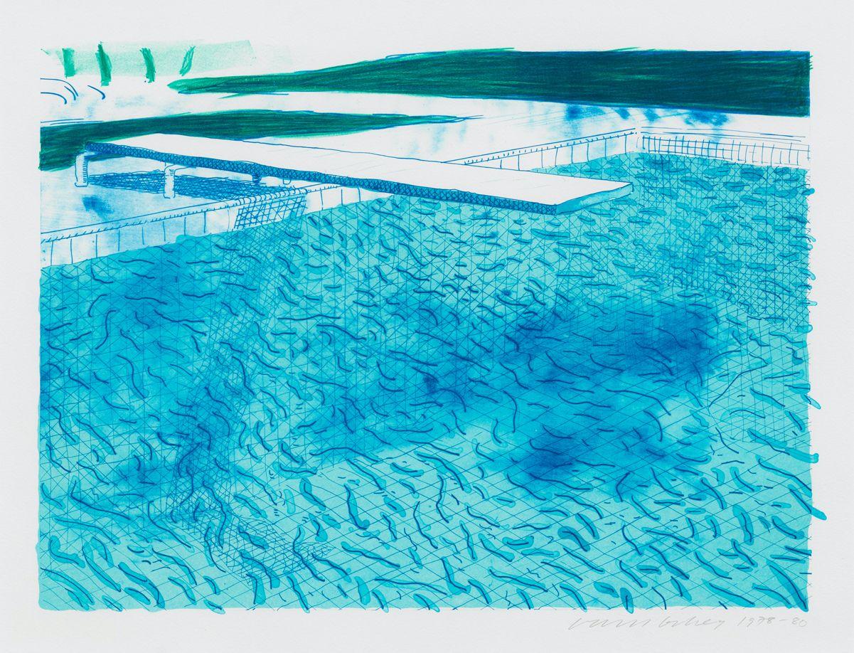David Hockney Abstract Print - Lithograph of Water Made of Lines with Two Light Blue Washes