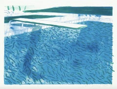 Lithographie d'eau composée de lignes épaisses et fines, d'un lavis vert, d'un bleu clair...