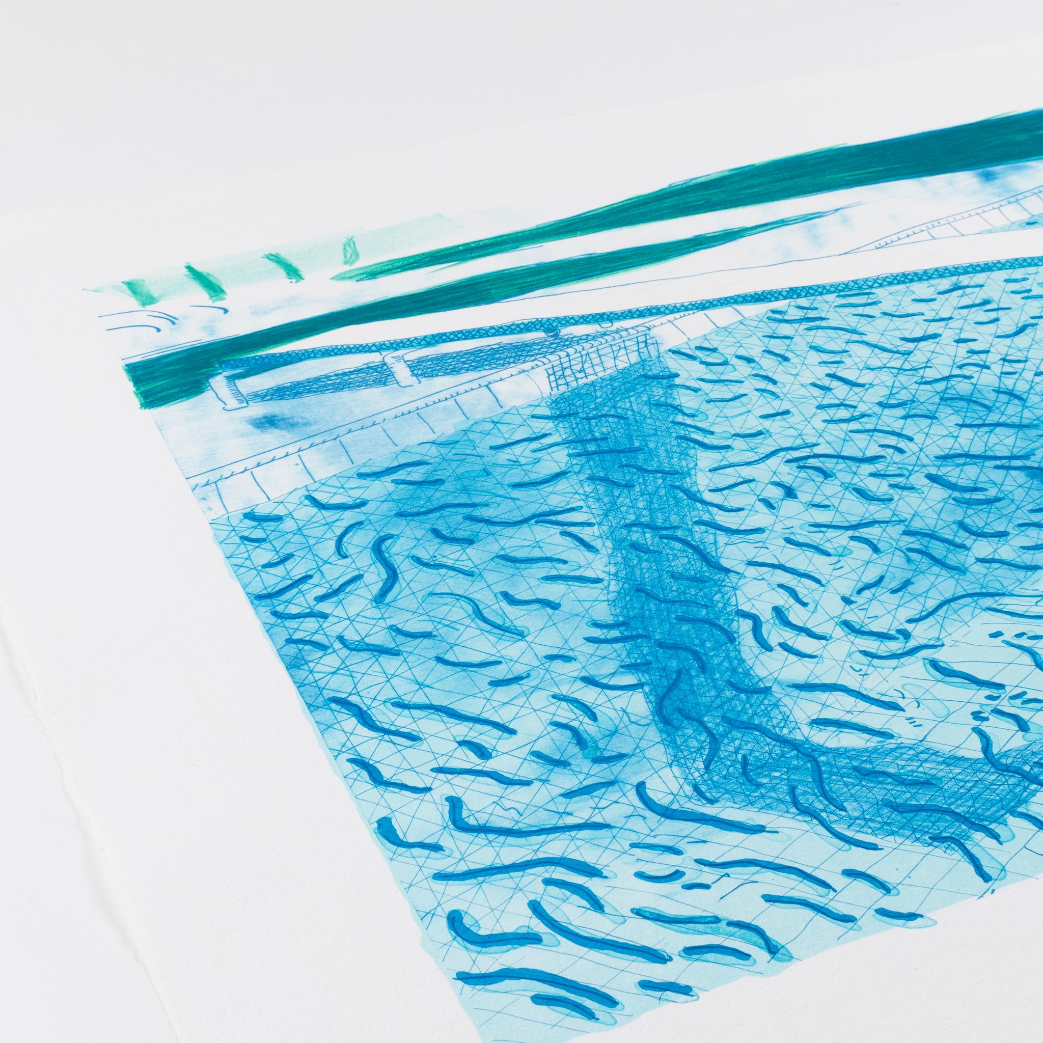 Lithograph of Water Made of Thick and Thin Lines and Two Light Blue Washes 1978 - Print by David Hockney