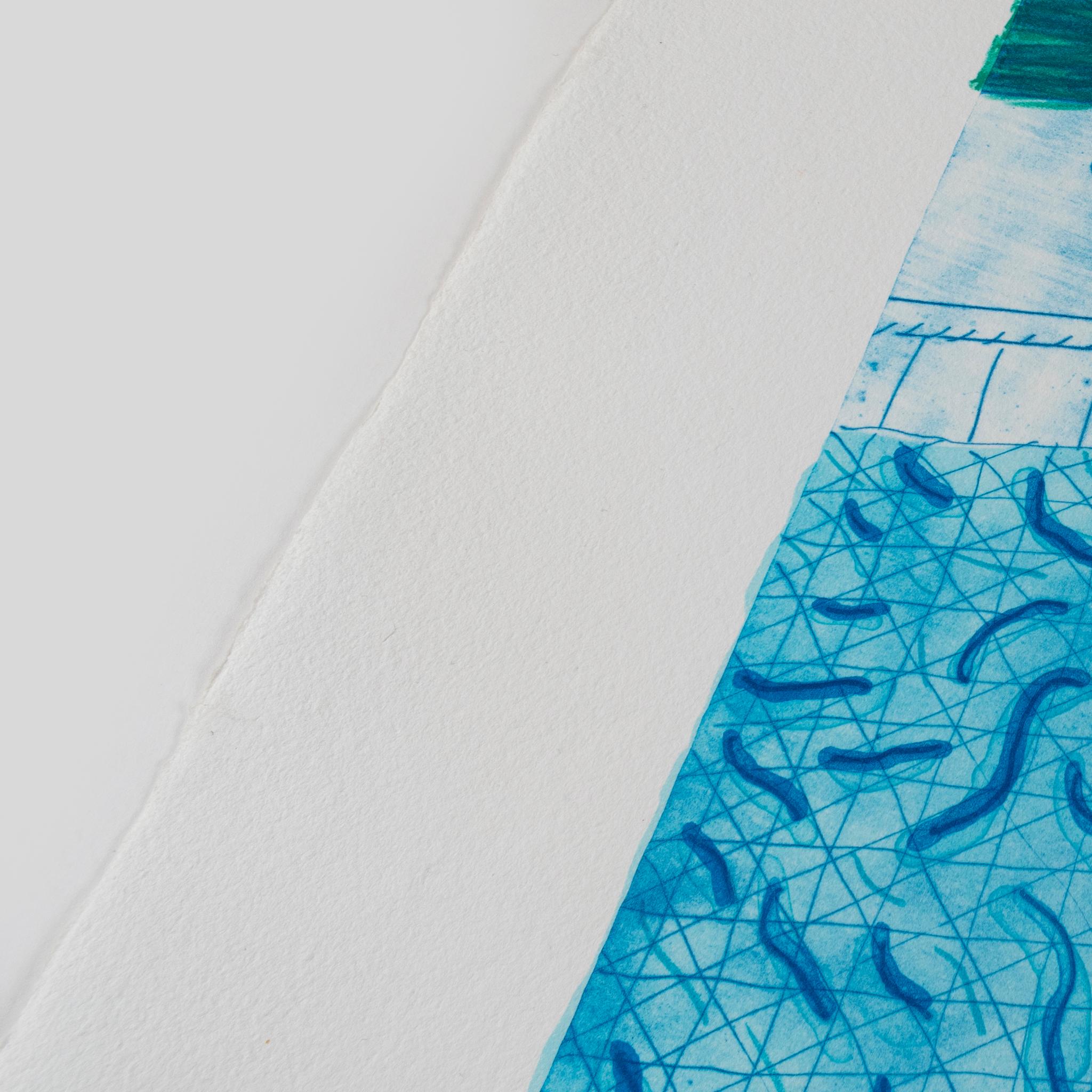 Lithographie d'eau composée de lignes épaisses et fines et de deux lavages bleu clair 1978 en vente 1