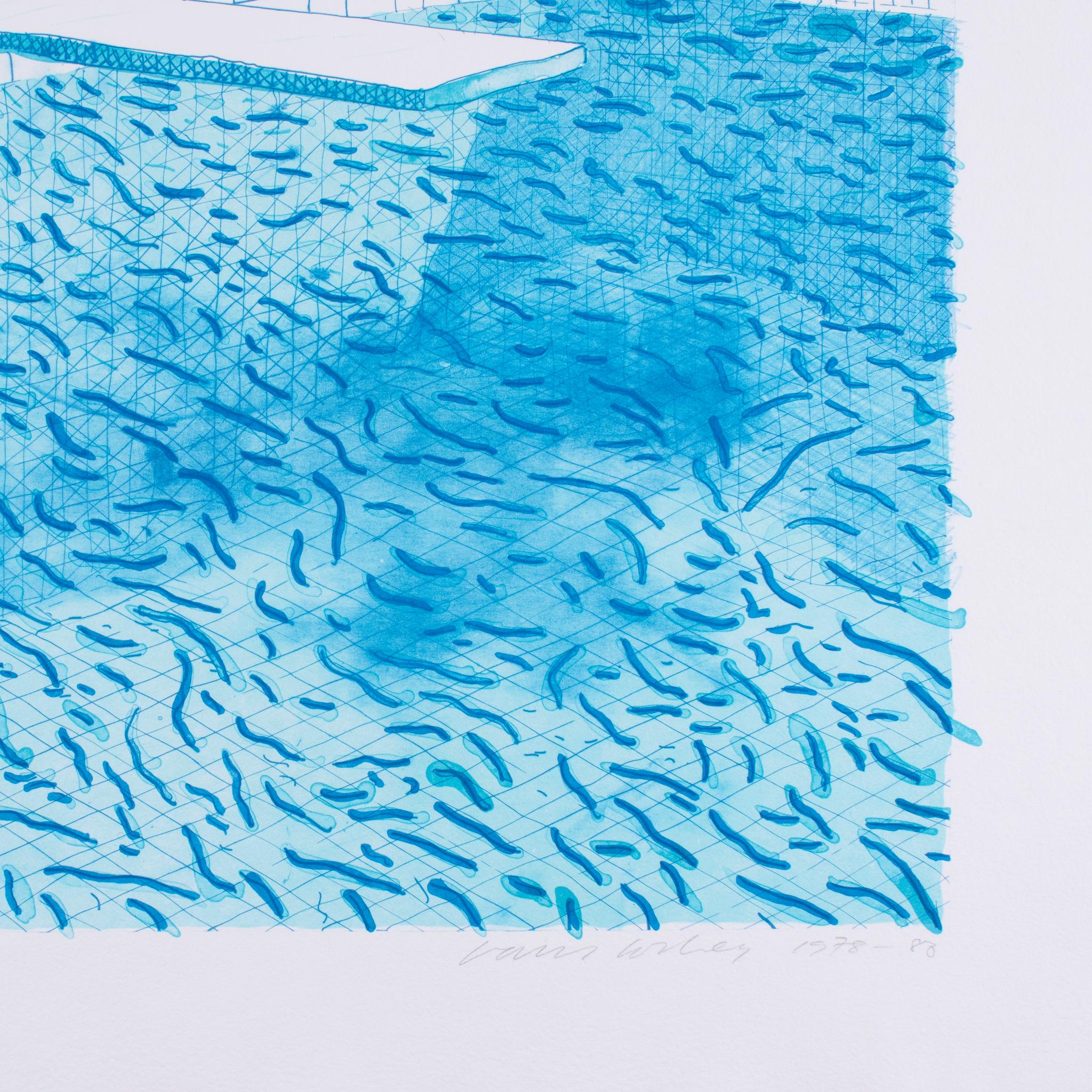 Lithographie d'eau composée de lignes épaisses et fines et de deux lavages bleu clair 1978 en vente 2