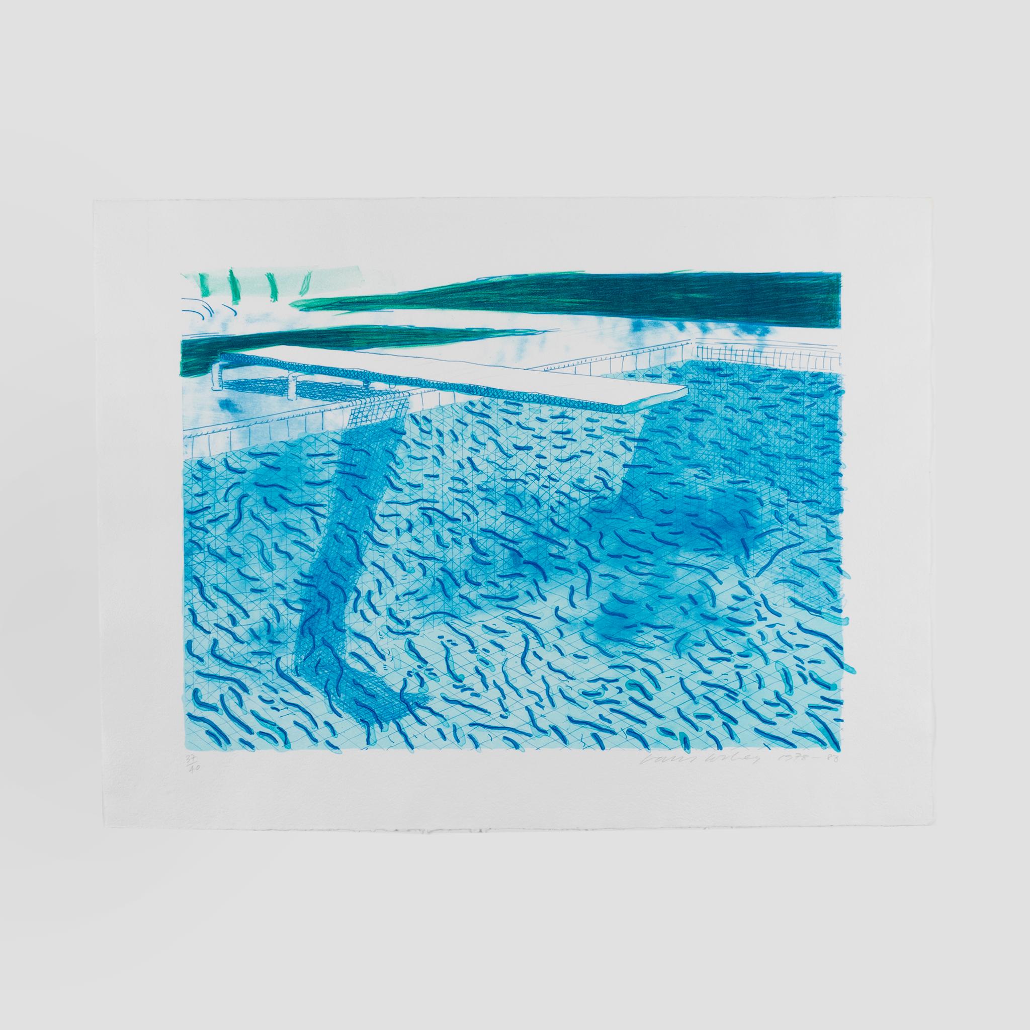 Print David Hockney - Lithographie d'eau composée de lignes épaisses et fines et de deux lavages bleu clair 1978