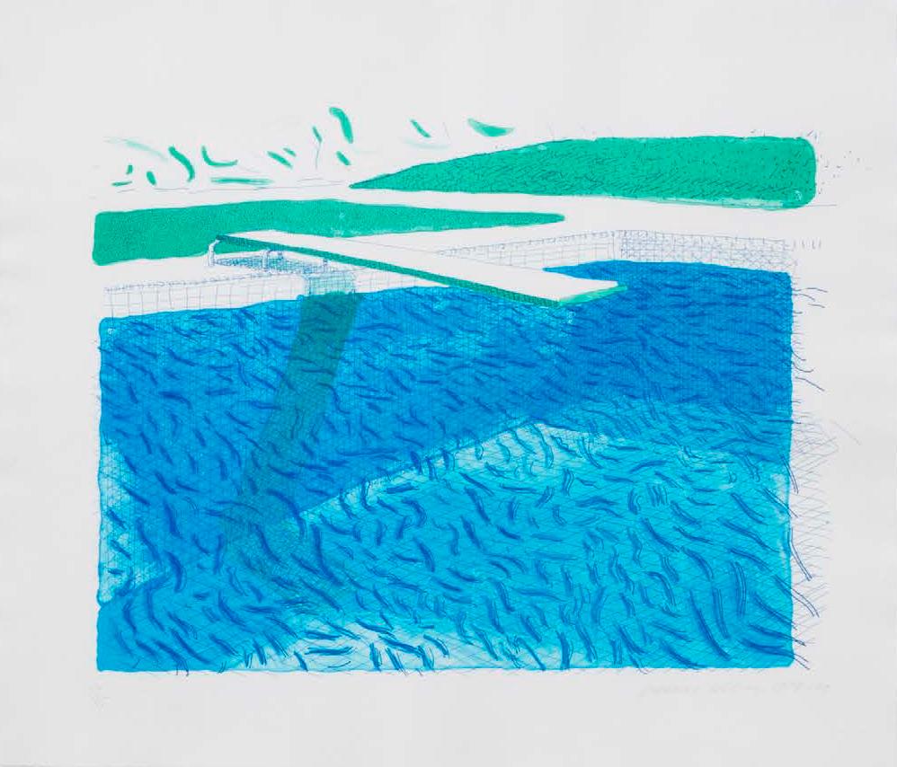 David Hockney Landscape Print - Lithographic Water Made of Lines, Crayons, and two Blue Washes