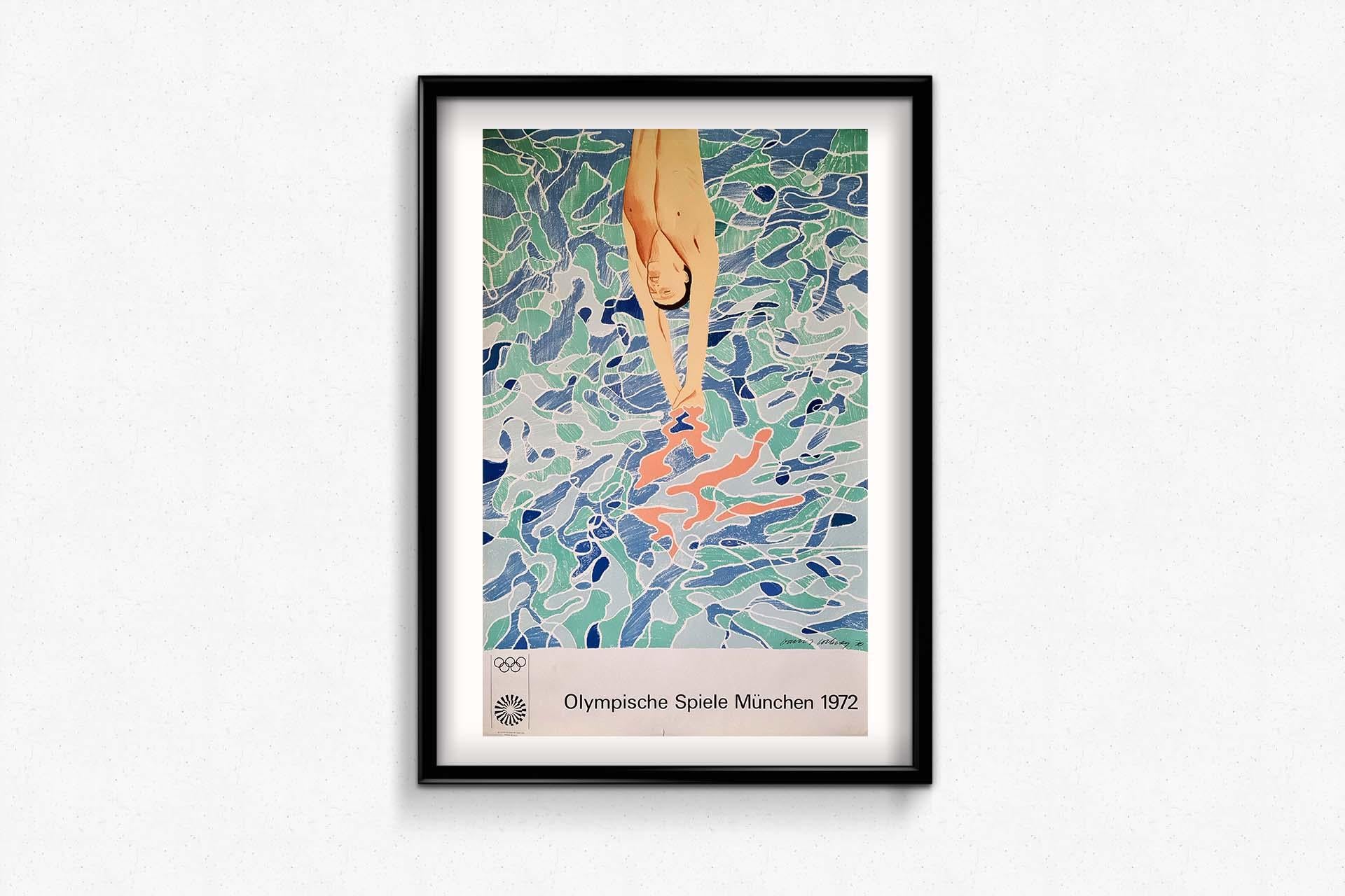 Original vintage poster advertising the 1972 Summer Olympics in Munich (Olympische Spiele Munchen). Limited edition.

This Munich Olympic poster featuring a diver and signed in print by the artist David Hockney is one of the series of posters by