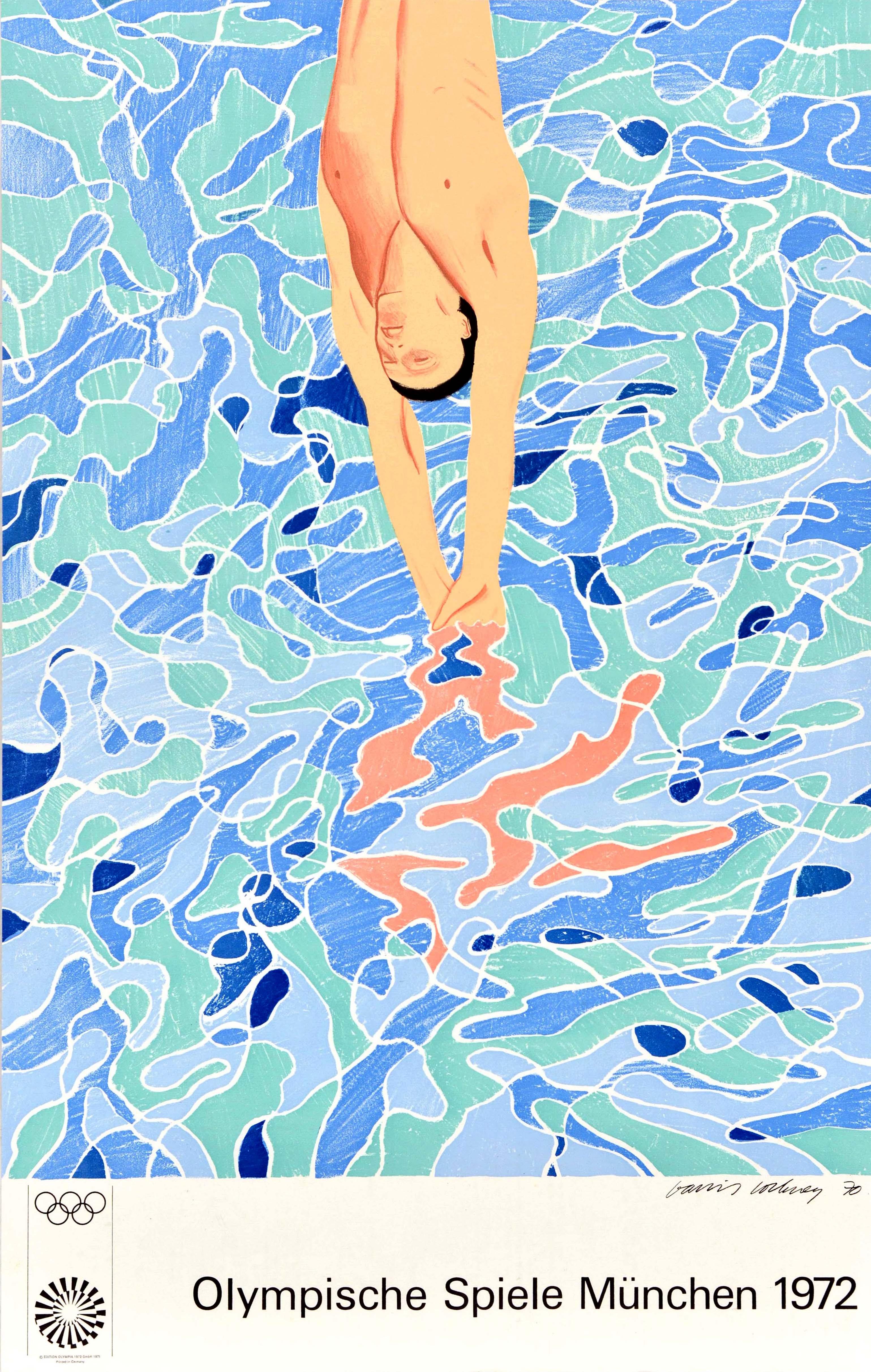 Affiche originale d'époque pour les Jeux Olympiques d'été de 1972 à Munich / Olympische Spiele Munchen comportant une grande image du célèbre artiste britannique David Hockney (né en 1937) représentant un plongeur avec son reflet sur un fond d'eau