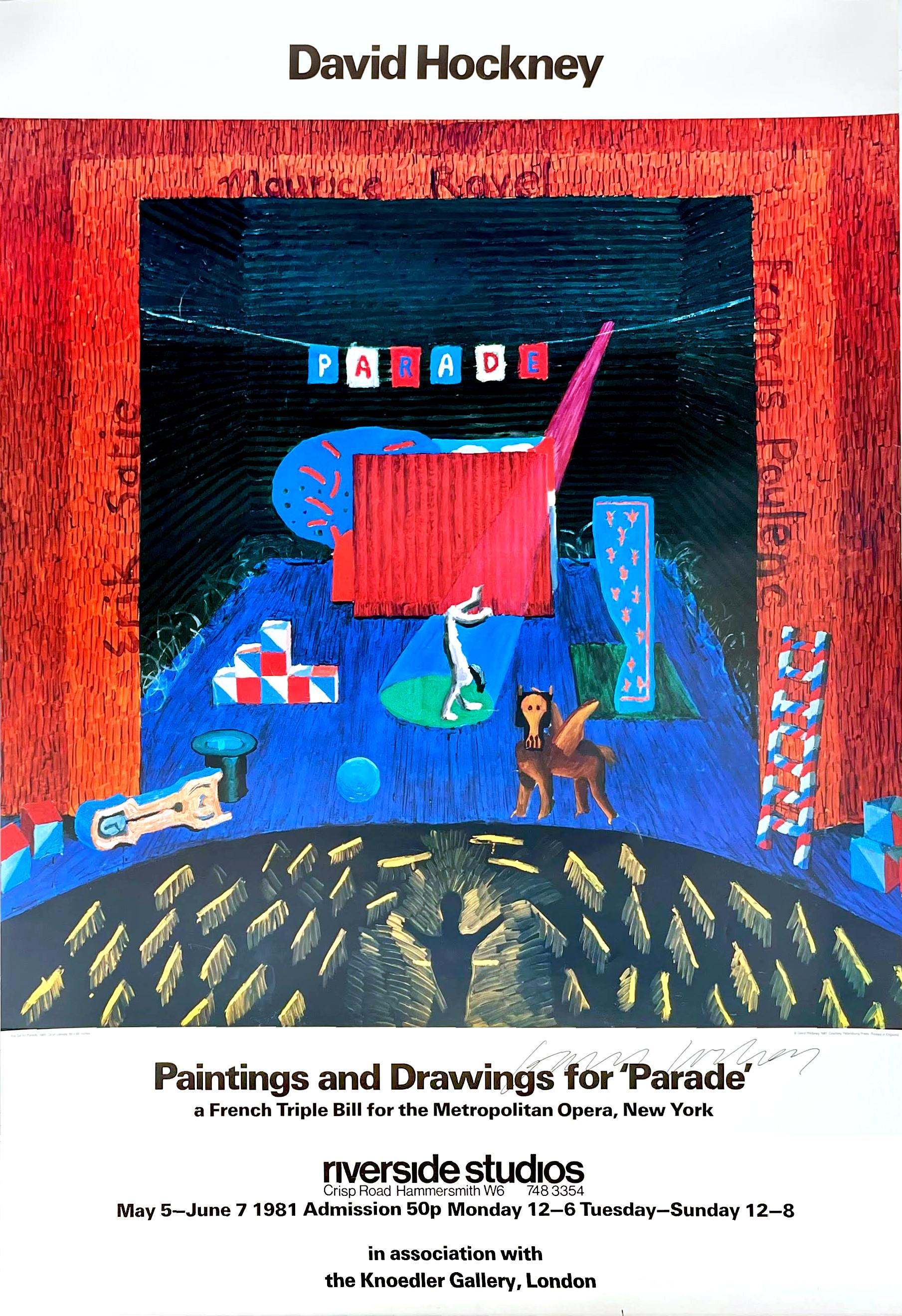David Hockney
Paintings and Drawings for Parade - Metropolitan Museum (Hand Signed by David Hockney), 1981
Offset Lithograph. Hand signed by David Hockney
39 × 27 inches
Hand-signed by artist, Hand signed boldly in black ink by David Hockney on the