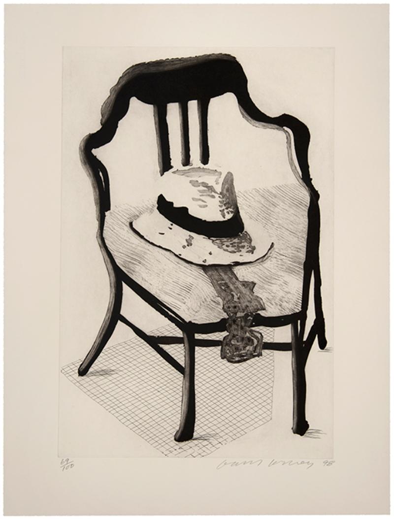 David Hockney Figurative Print - Panama Hat with a Bow Tie on a Chair, from The Geldzahler Portfolio