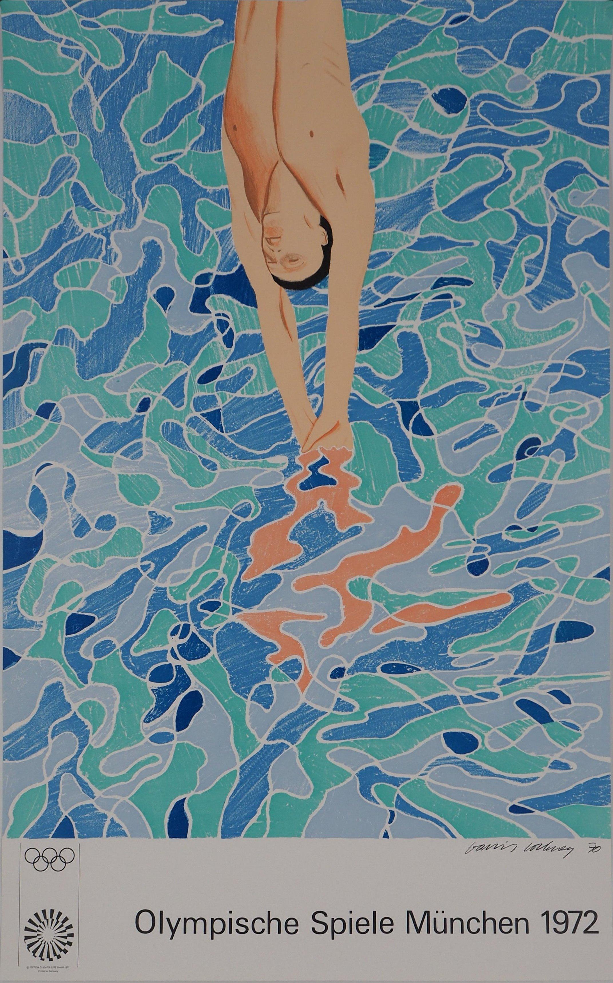 Figurative Print David Hockney - Diver à la piscine - Lithographie (Jeux olympiques de Munich 1972)