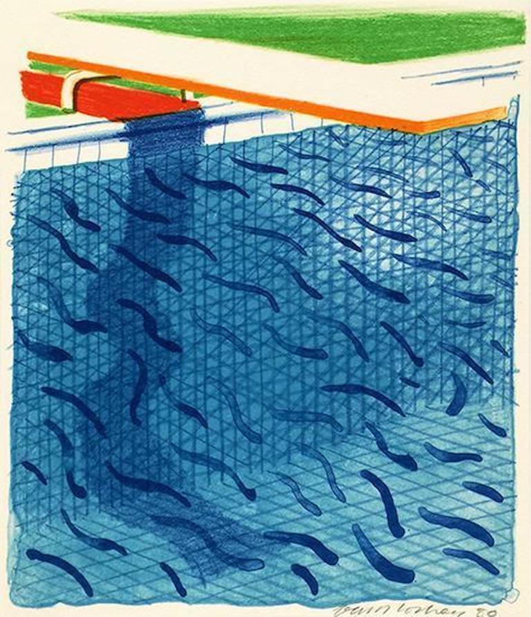 David Hockney Landscape Print - Pool Made With Paper and Blue Ink for Book