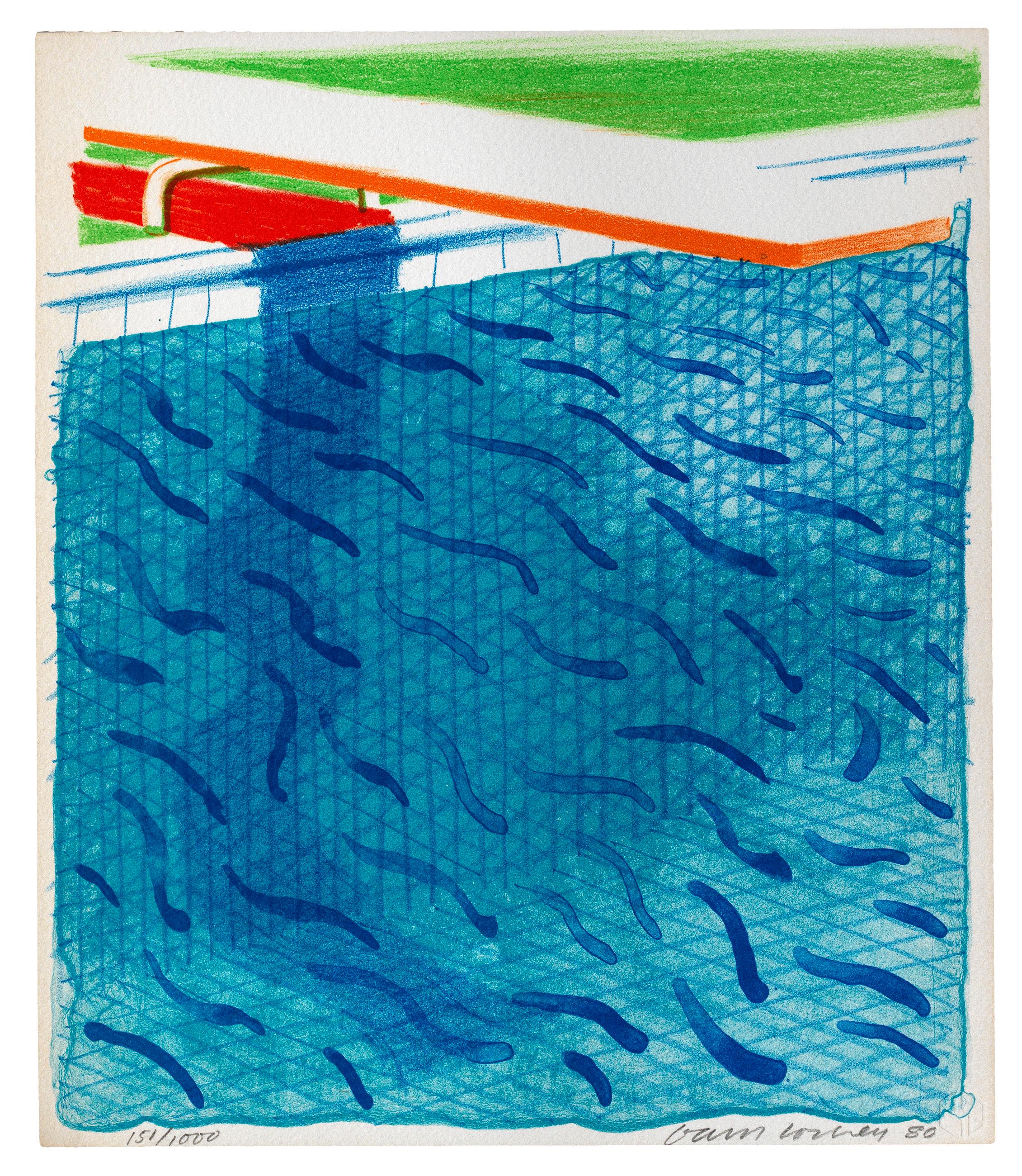 David Hockney Landscape Print - Pool Made with Paper and Blue Ink for Book
