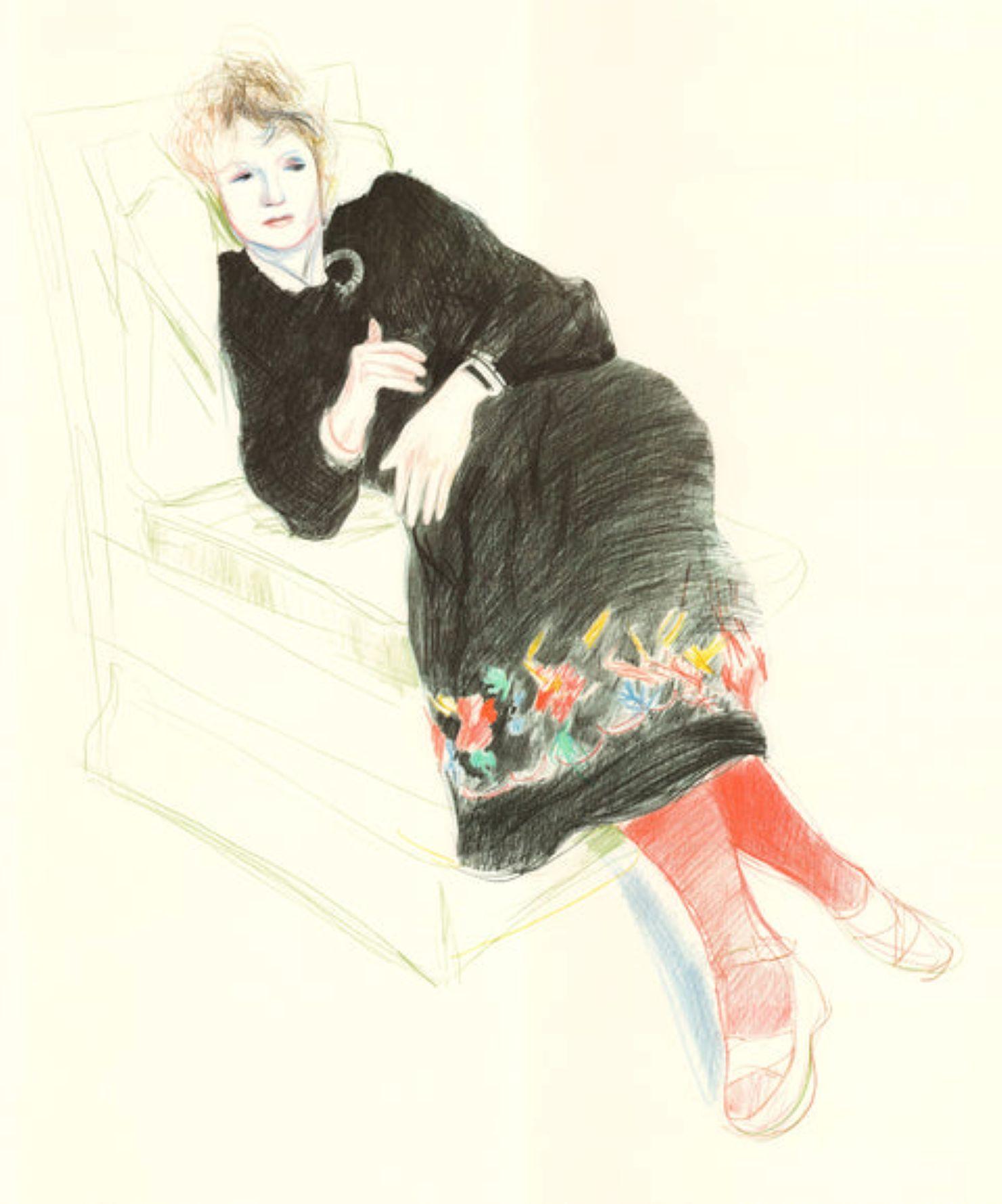 Ritratto di Celia in abito nero con bordo colorato di David Hockney in vendita 2