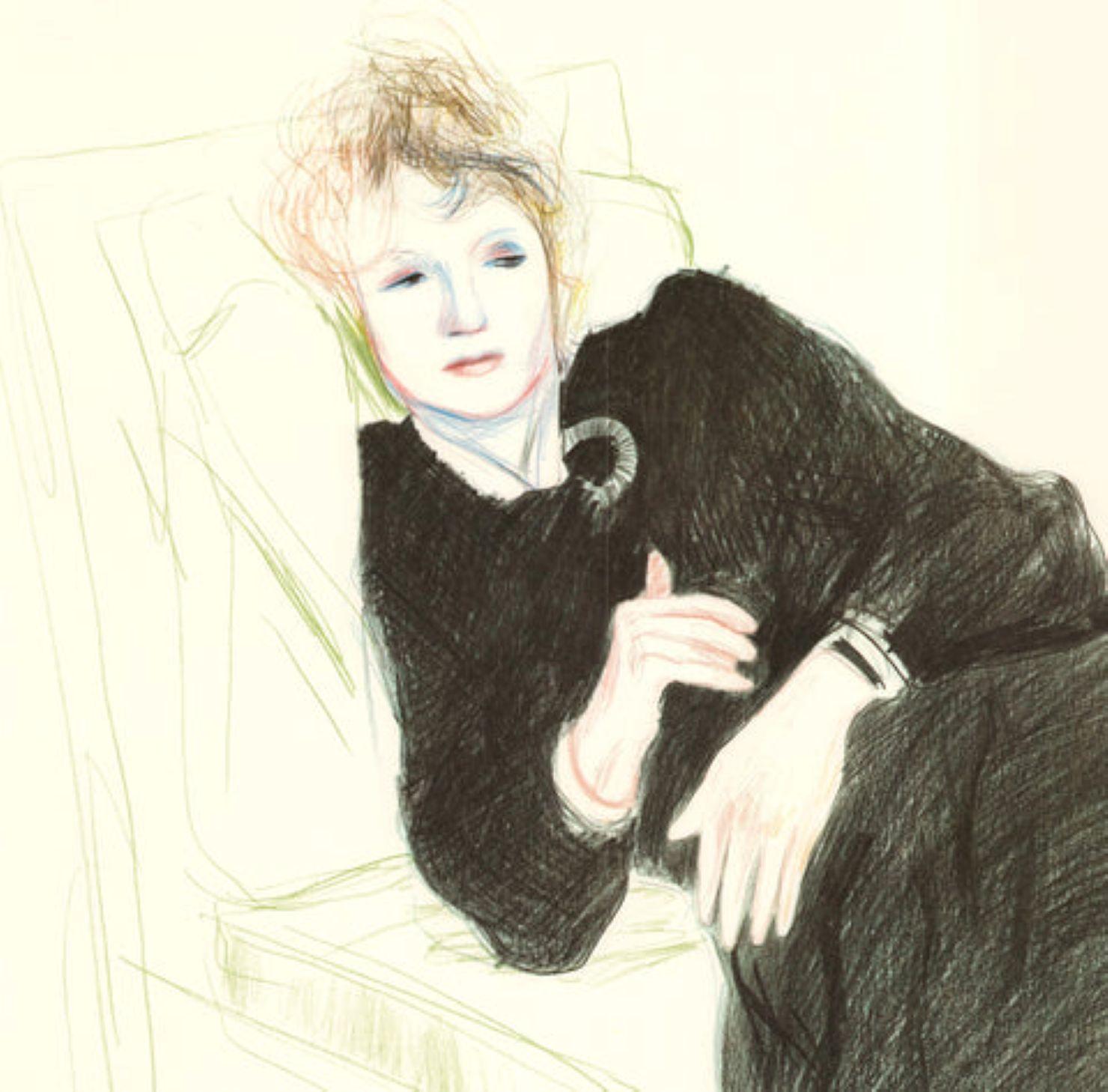 Ritratto di Celia in abito nero con bordo colorato di David Hockney in vendita 3