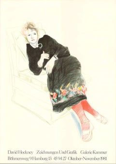 Portrait Of Celia In A Black Dress With Colored Border By David Hockney
