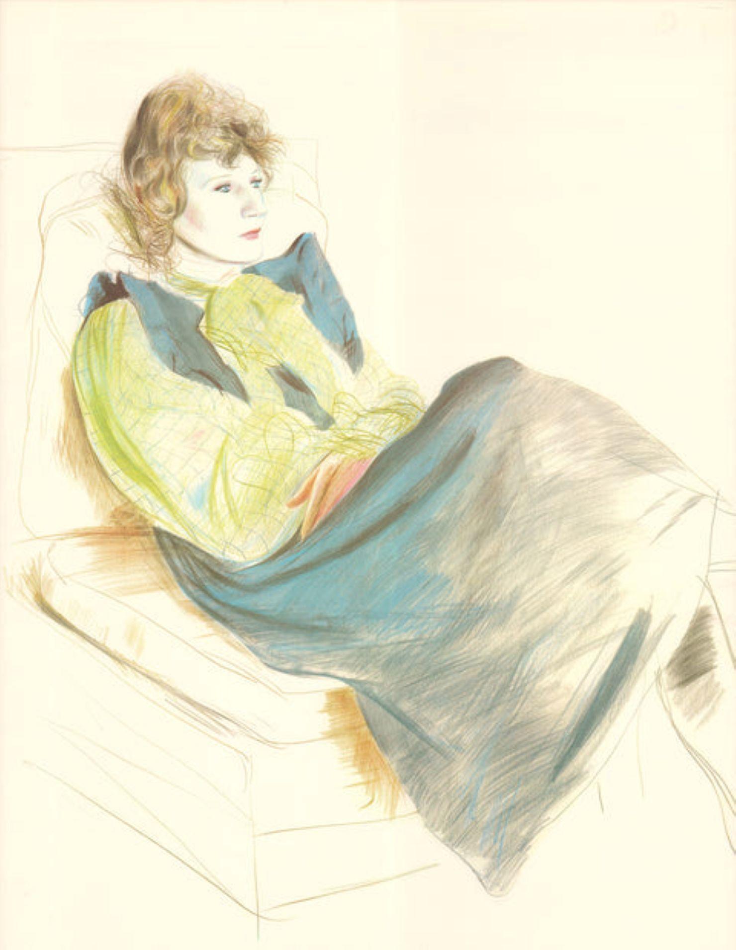 Portrait Of Celia Wearing Checkered Sleeves By David Hockney For Sale 3