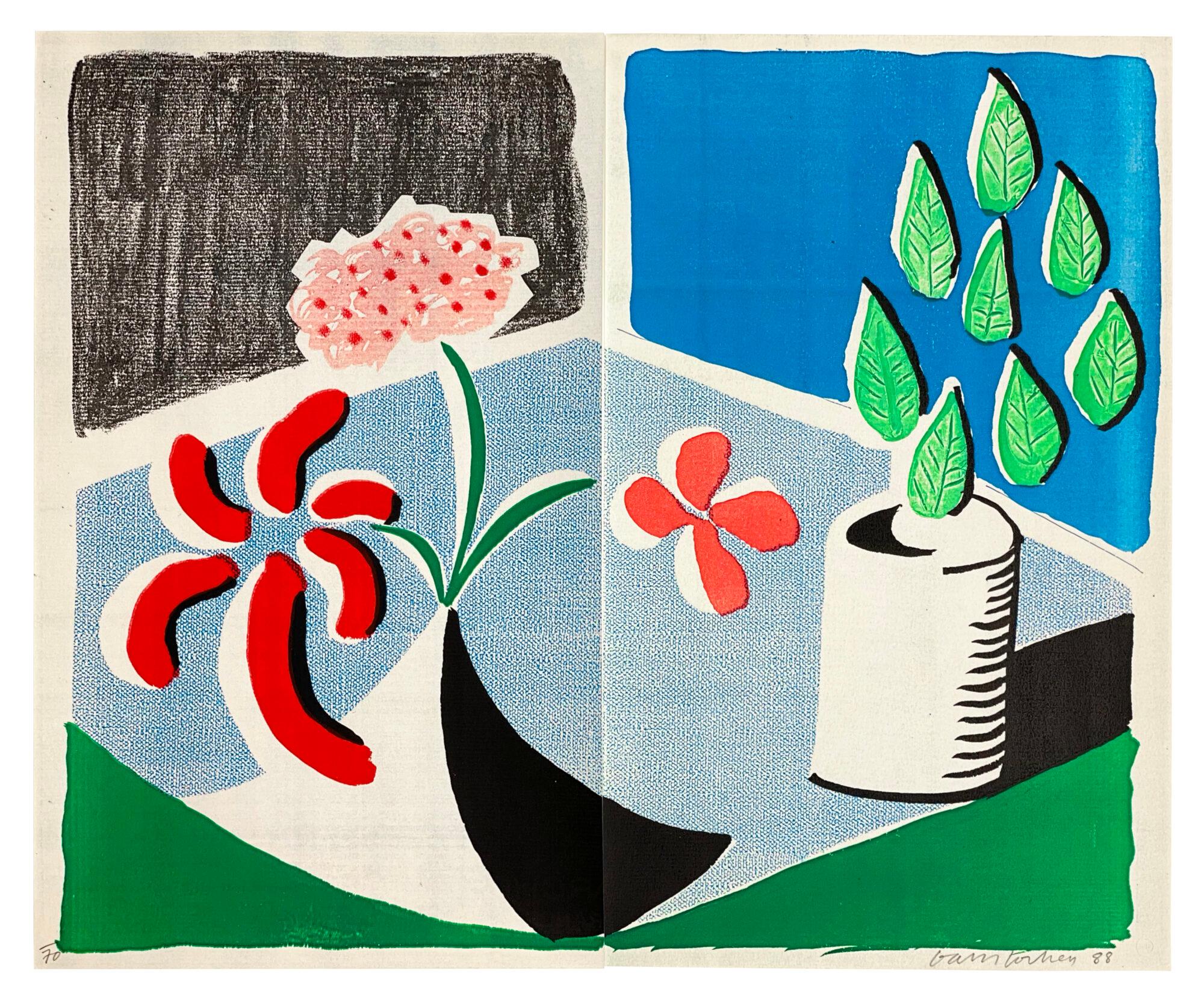 David Hockney Still-Life Print - Red Flowers & Green Leaves, Separate -- Print, Homemade, Still-life by Hockney