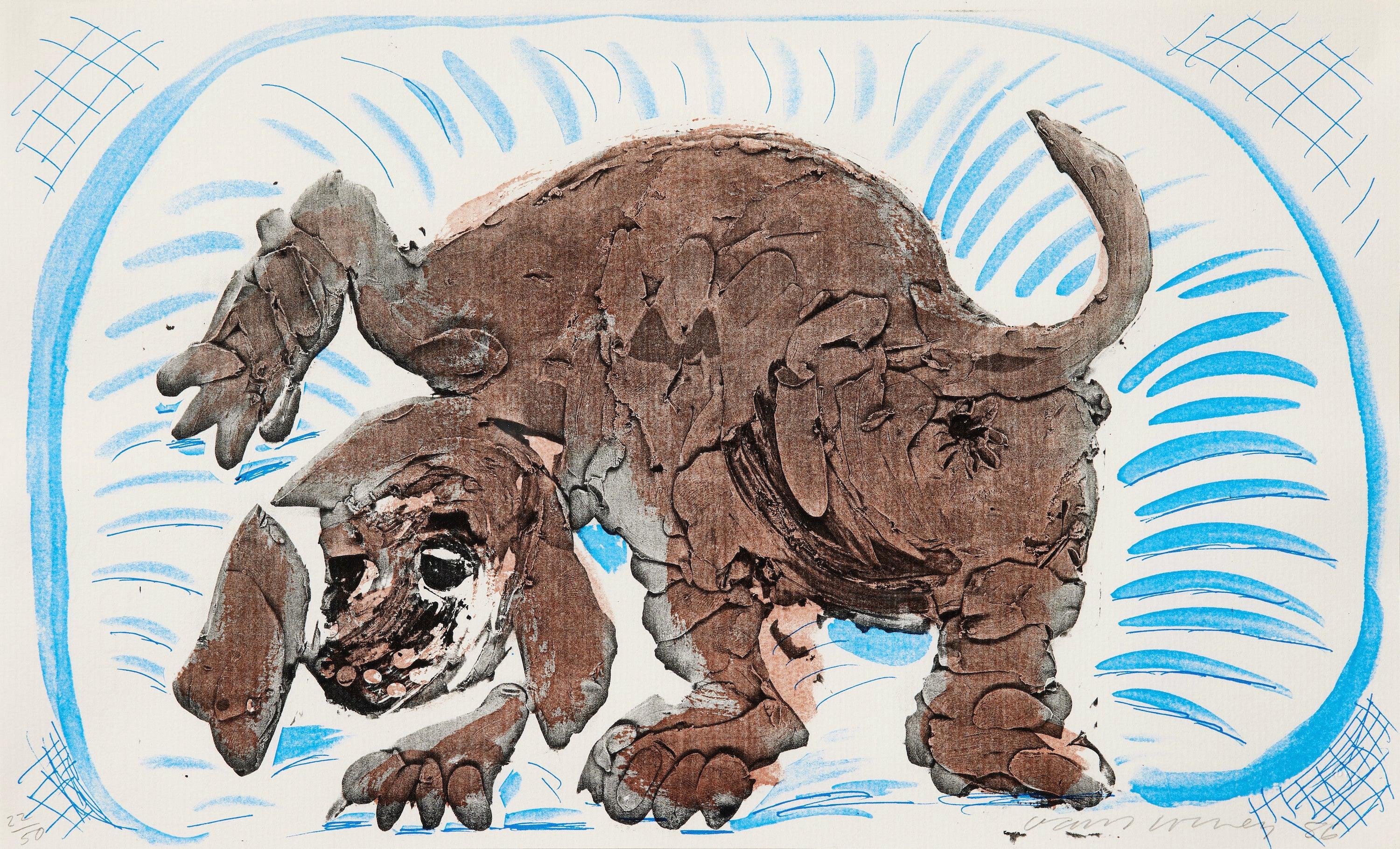 Stanley dans un panier -- Estampe, Fait maison, Teckel, Chien par David Hockney en vente 1