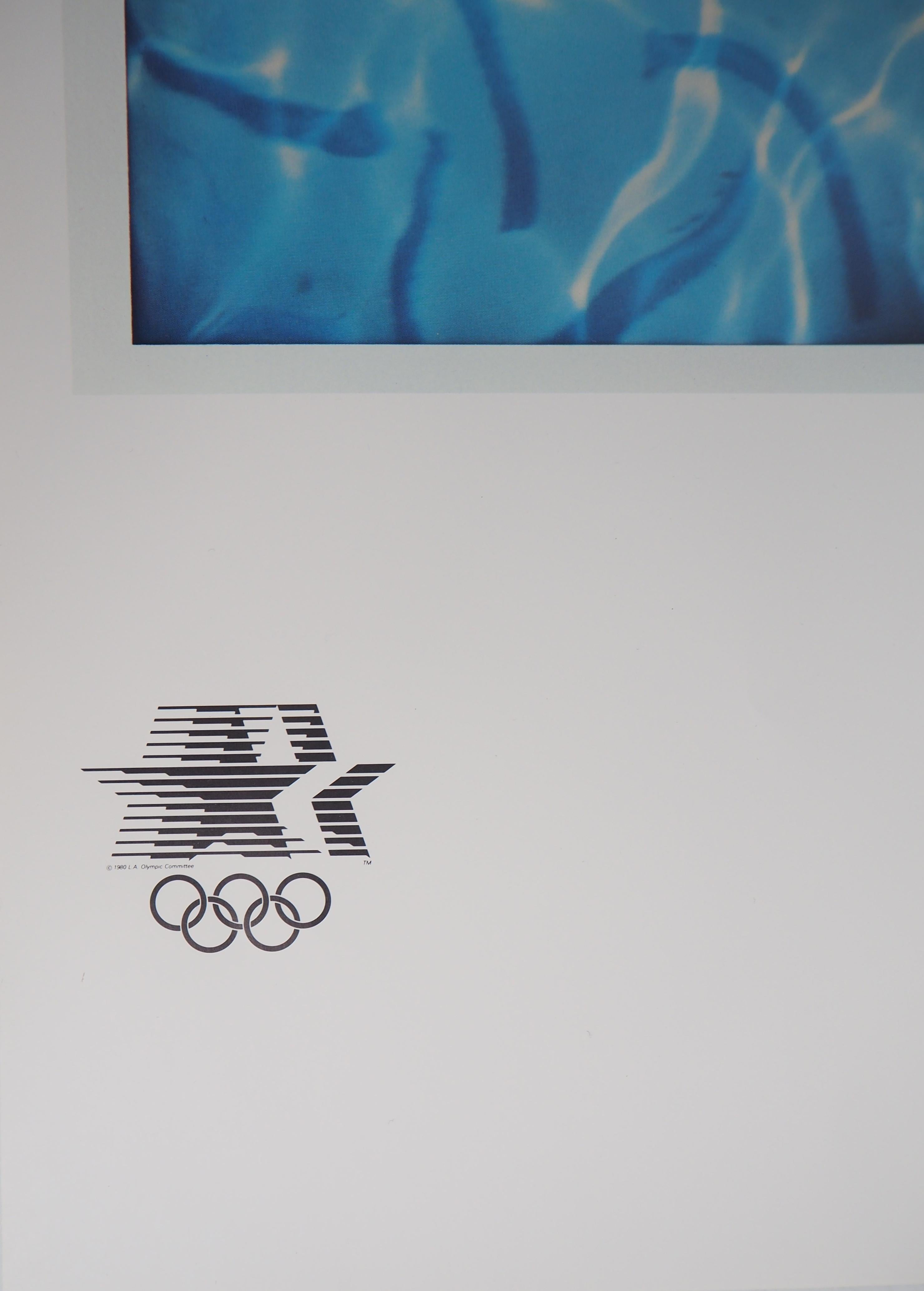 Swimmer / Pool Diver - Offset Lithograph (Olympic Games, Los Angeles 1984) - Blue Figurative Print by David Hockney