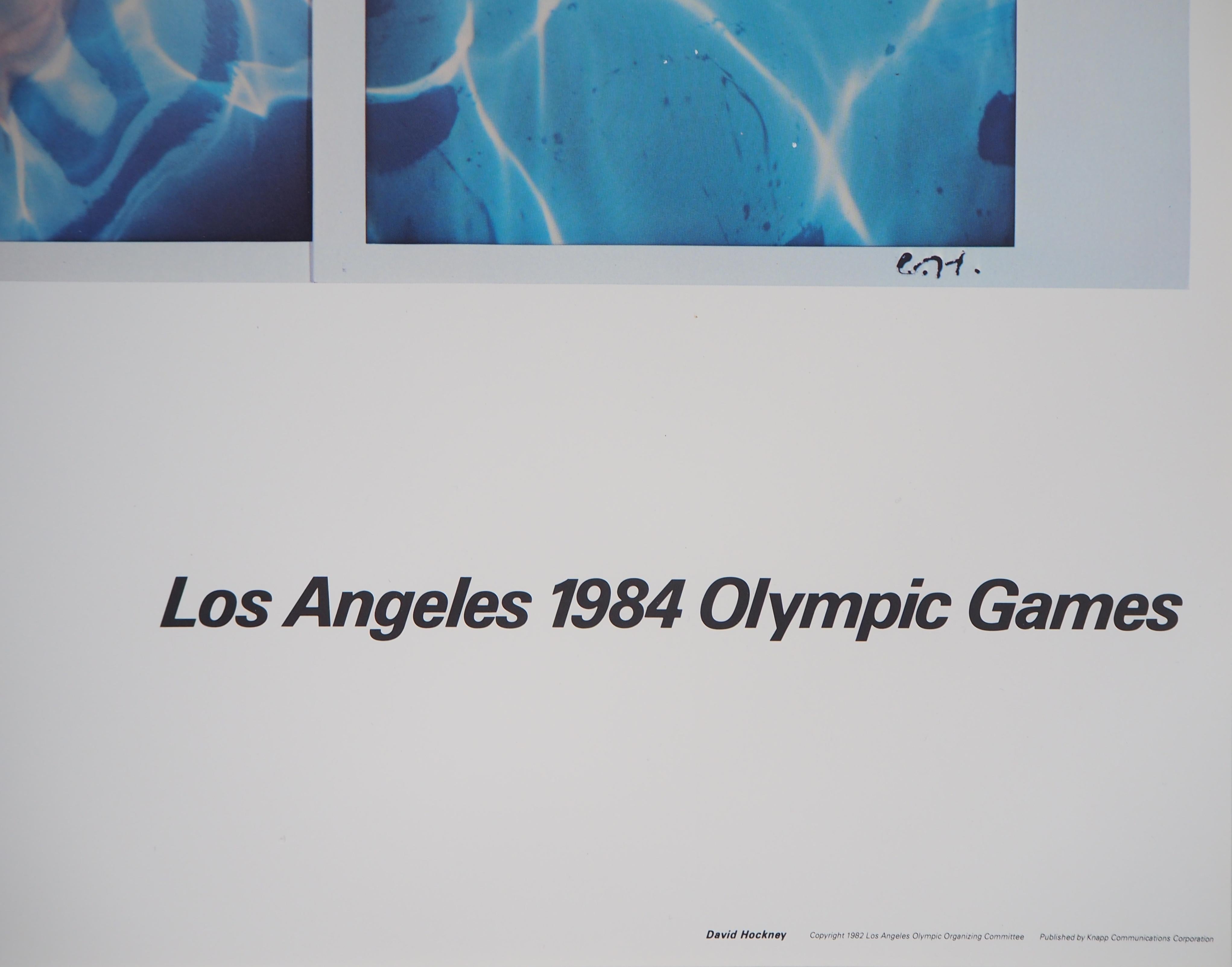 Swimmer / Pool Diver - Offset Lithograph (Olympic Games, Los Angeles 1984) - Blue Figurative Print by David Hockney