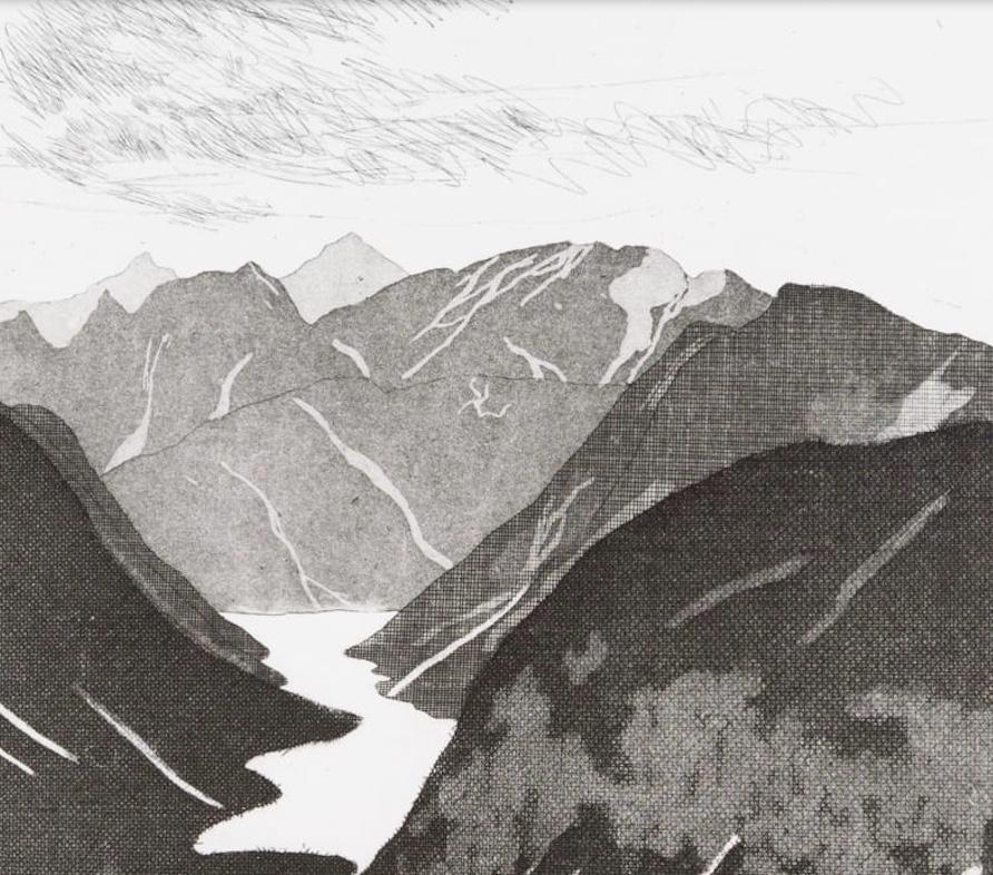 David Hockney, El lago, Impresión de los años 60 en blanco y negro, Montañas y agua en venta 2