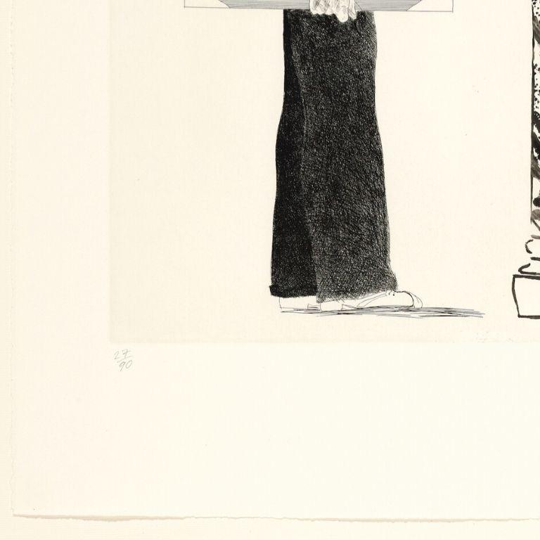 DAVID HOCKNEY
The Student: Homage to Picasso, 1973

Etching, on Arches mould-made paper
Signed, dated and numbered from the edition of 90
Printed by Atelier Crommelynck, Paris
Published by Propyläen Verlag, Berlin
Plate: 57.5 x 44.0 cm (22.6 x 17.3
