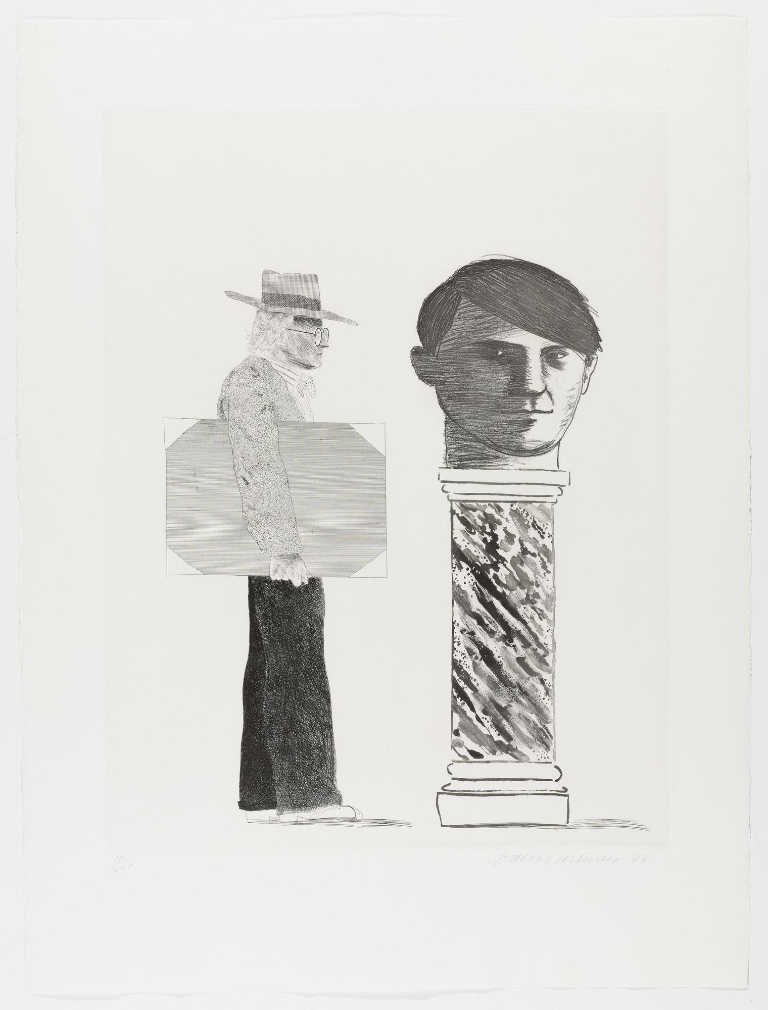 DAVID HOCKNEY
The Student: Homage to Picasso, 1973

Etching, on Arches mould-made paper
Signed, dated and numbered from the edition of 90
Printed by Atelier Crommelynck, Paris
Published by Propyläen Verlag, Berlin
Plate: 57.5 x 44.0 cm (22.6 x 17.3