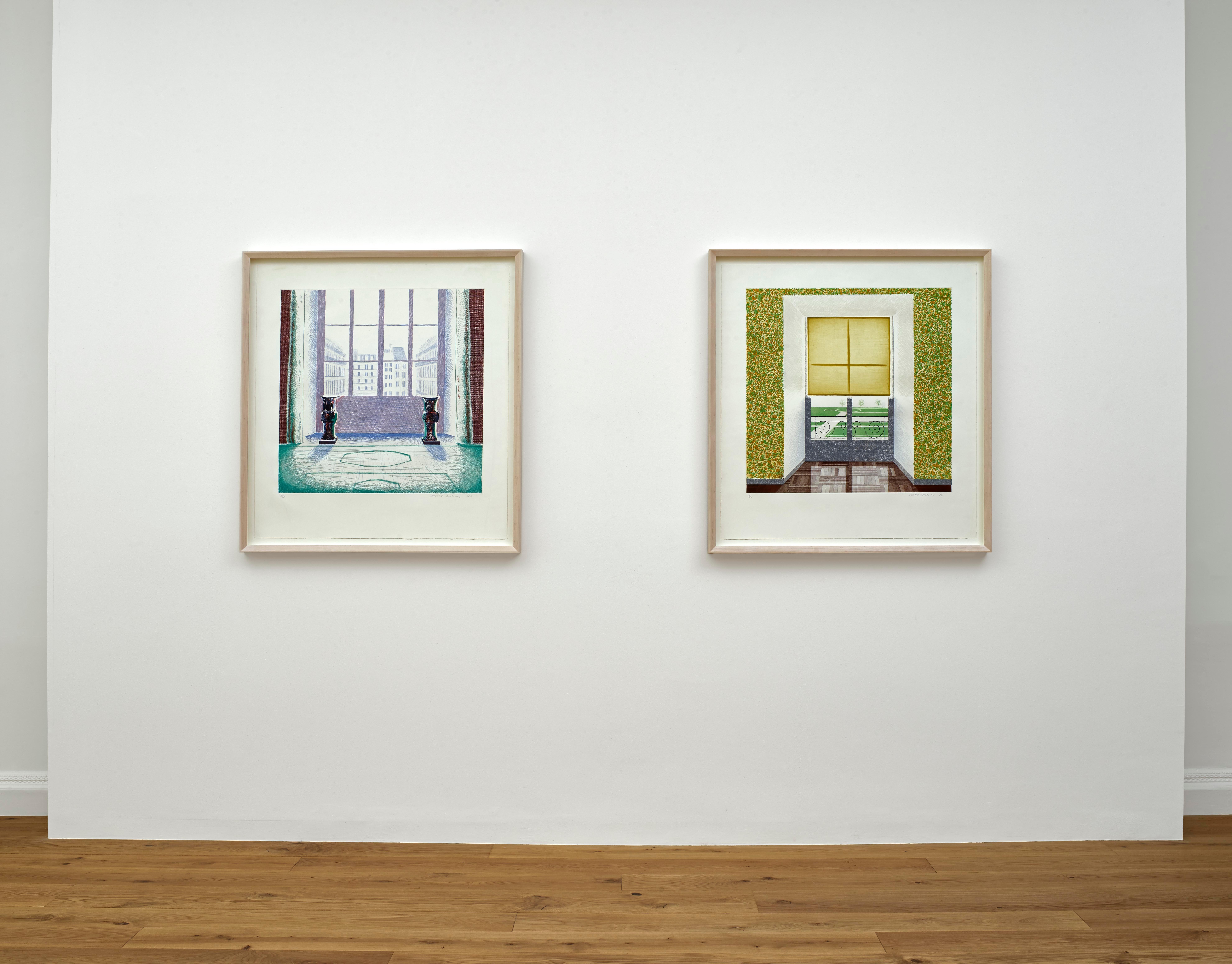 David Hockney Figurative Print - "Two vases in the Louvre" AND "Contrejour in the French Style" pair of etchings