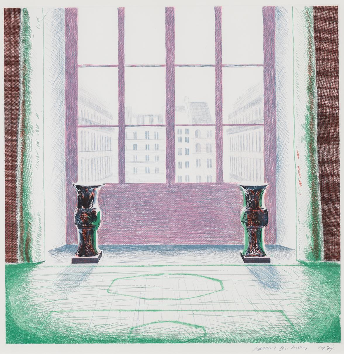 David Hockney Interior Print - Two Vases in the Louvre