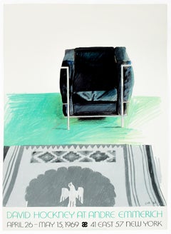 Vintage '69 turquoise David Hockney Poster Corbusier Chair, southwestern Kilim 