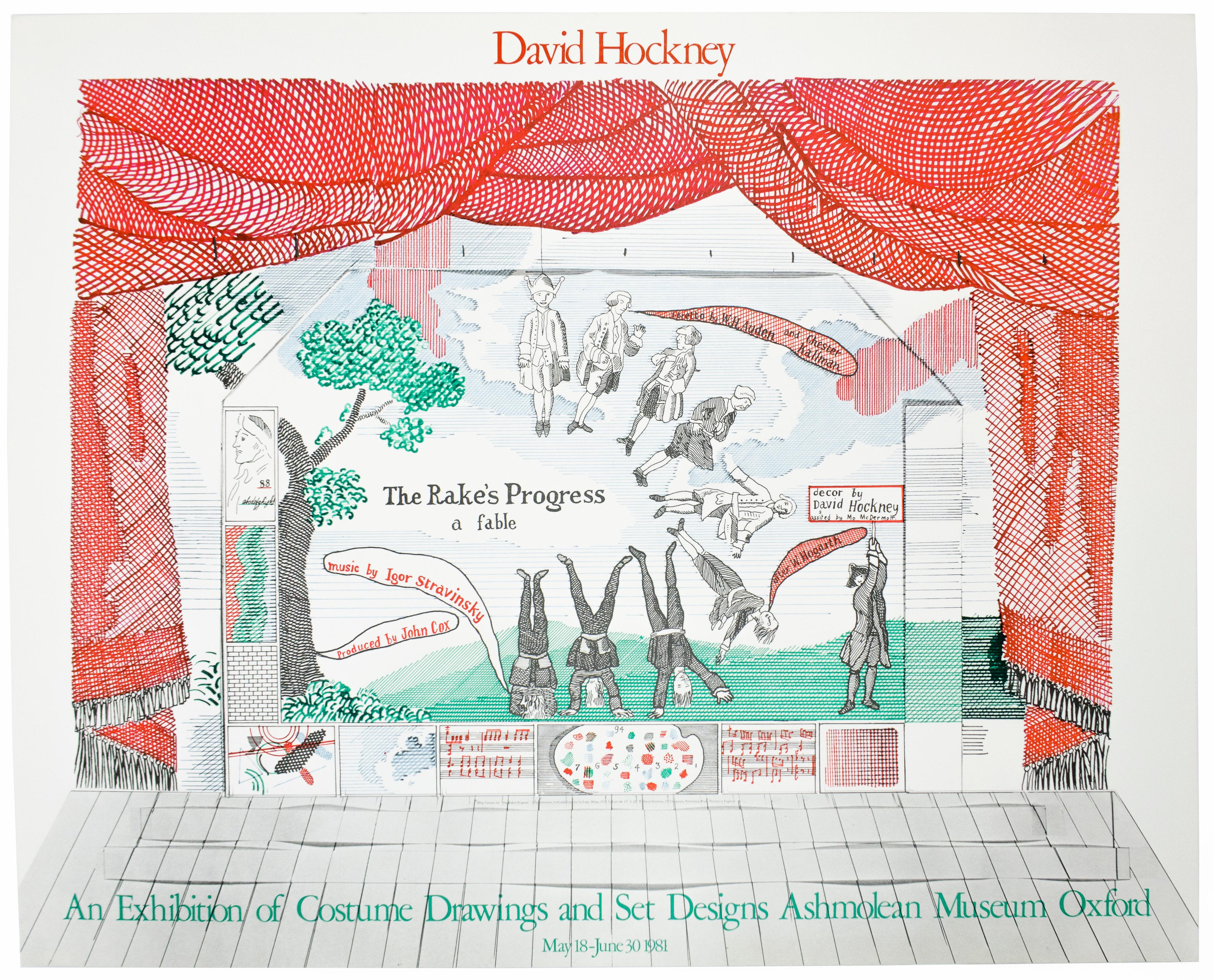 Poster produced for David Hockney’s 1981 exhibition at The Ashmolean Museum, Oxford, which displayed the sets and costumes he designed for the Glyndebourne Festival Opera’s 1975 production of The Rakes Progress. As with Hockney’s 1961-63 etchings, A