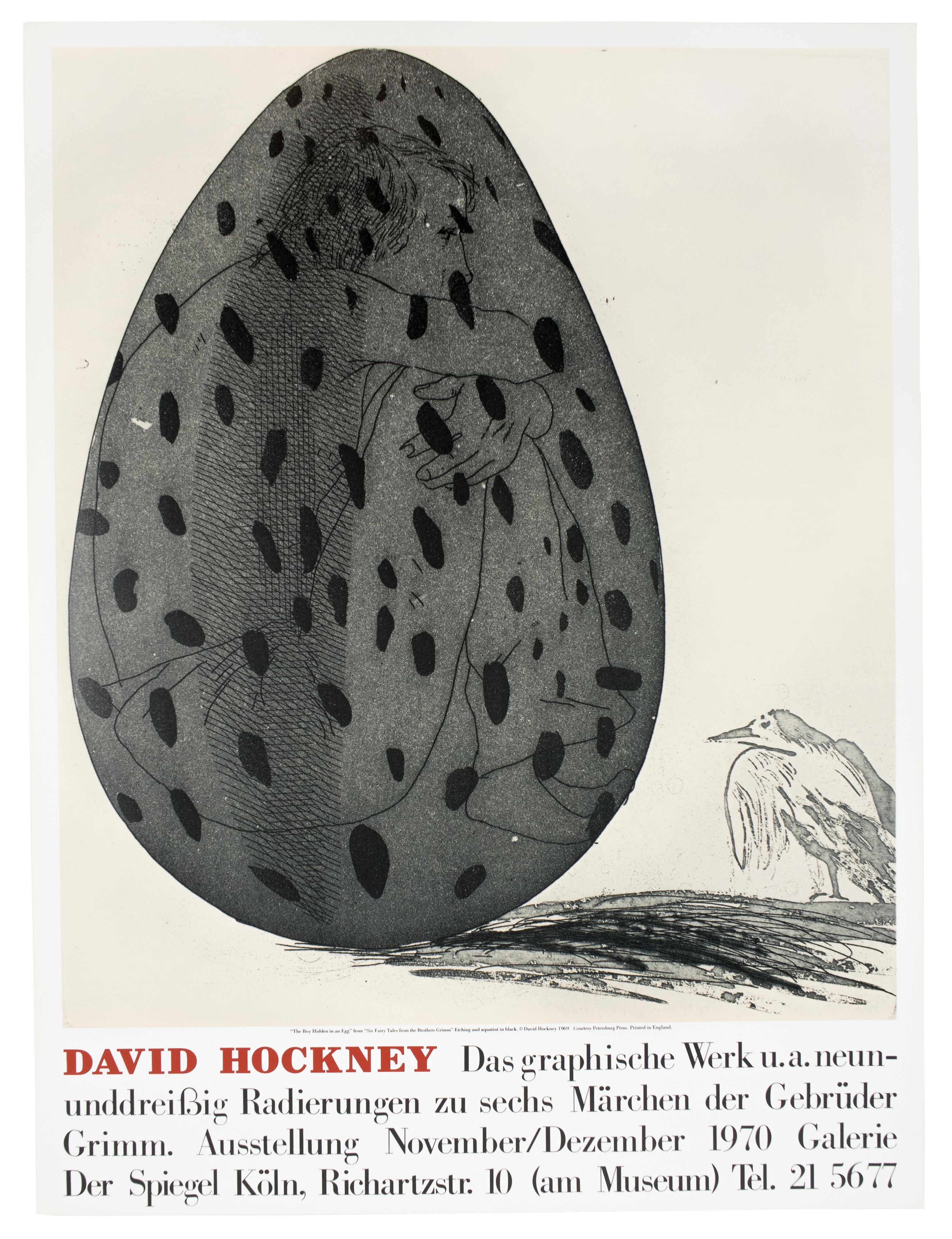 Questo poster d'epoca riproduce The Boy Hidden in an Egg di David Hockney, tratto dall'opera Six Fairy Tales from the Brothers Grimm (Sei fiabe dei fratelli Grimm), 1969.  Un giovane uomo a torso nudo si rannicchia all'interno di un uovo maculato