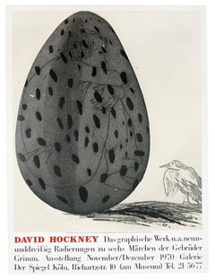 Affiche vintage de David Hockney, Galerie der Spiegel, 1970, Garçon dans un œuf avec oiseau 