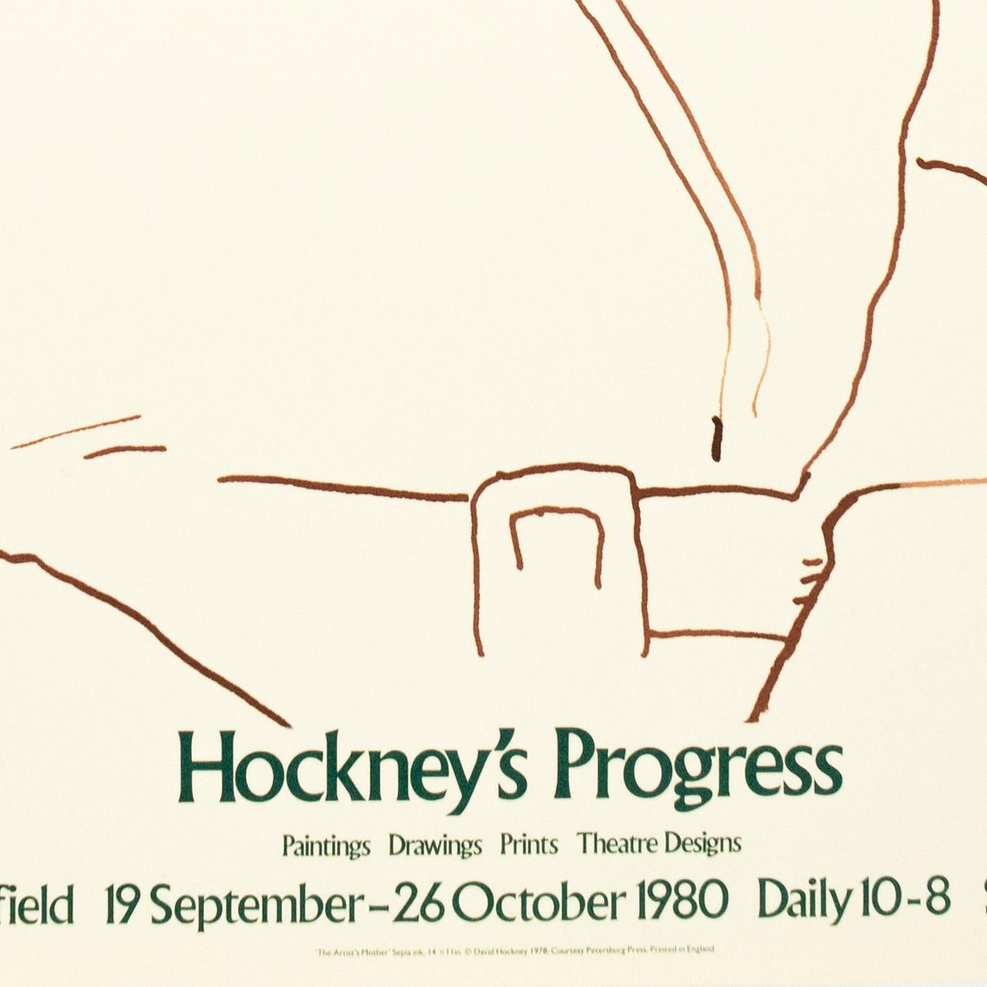 This vintage David Hockney poster features a portrait of the artist's mother, and was created for the exhibition 'Hockney's Progress: Paintings, Drawings, Prints, Theatre Designs', held at the Graves Art Gallery in Sheffield, 19 September - 26