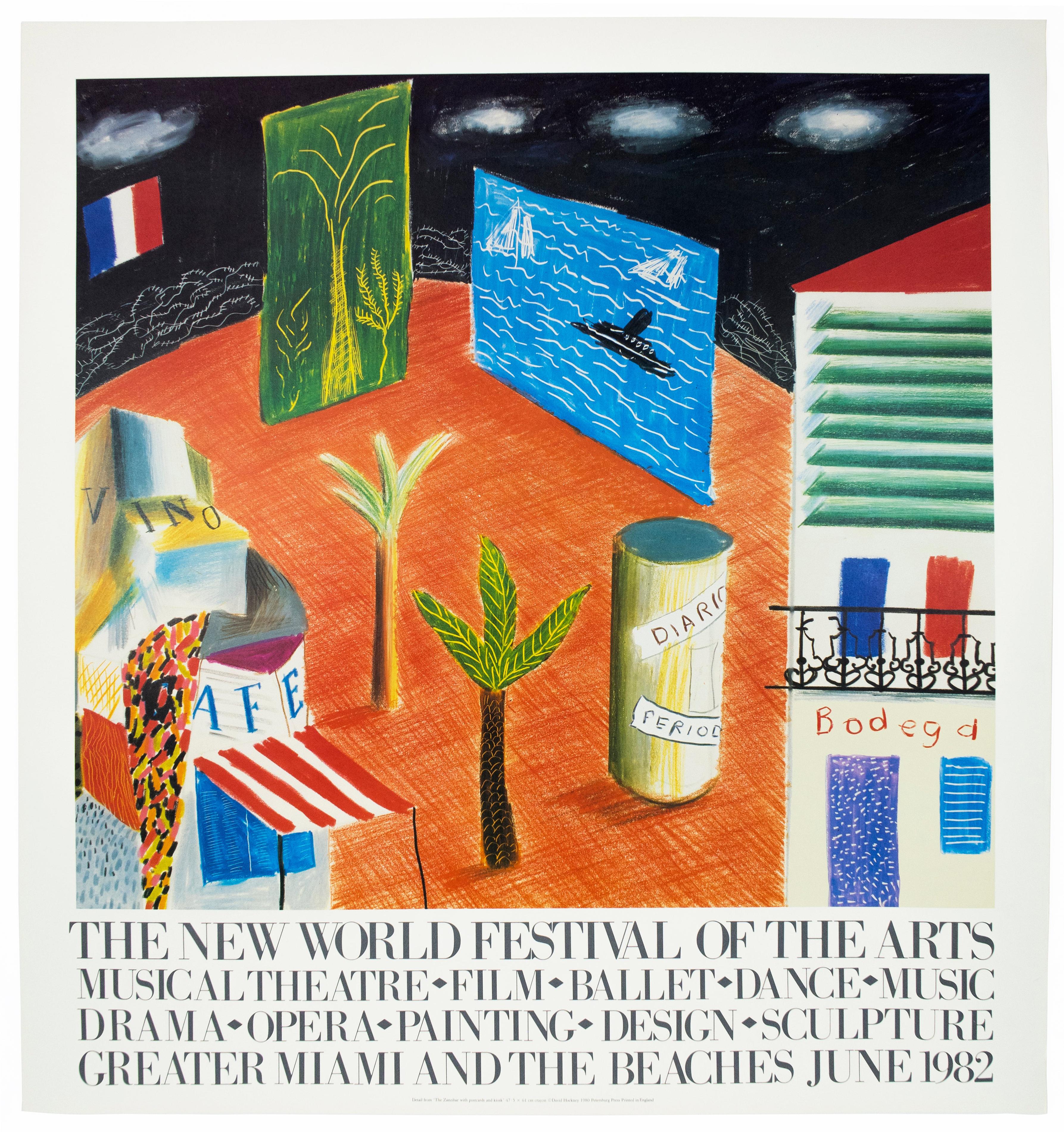 This vintage David Hockney poster features whimsical imagery and rich, bright color. Palm trees, boats in the ocean, a cafe, and a bodega with an elaborate iron-wrought balcony sit atop a crosshatched orange ground. In 1980, Miami hosted what the