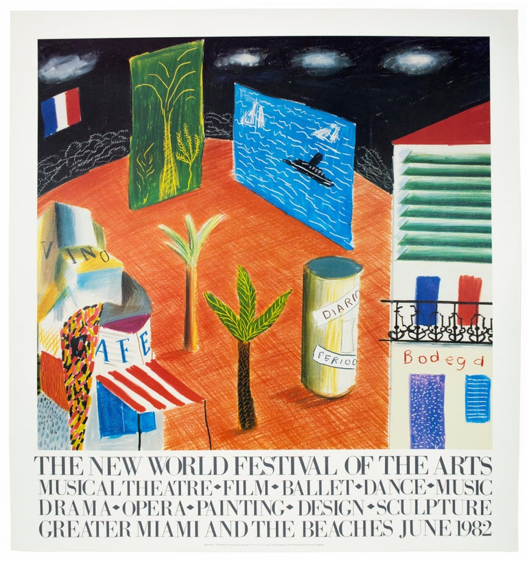 This vintage David Hockney poster features whimsical imagery and rich, bright color. Palm trees, boats in the ocean, a cafe, and a bodega with an elaborate iron-wrought balcony sit atop a crosshatched orange ground. In 1980, Miami hosted what the