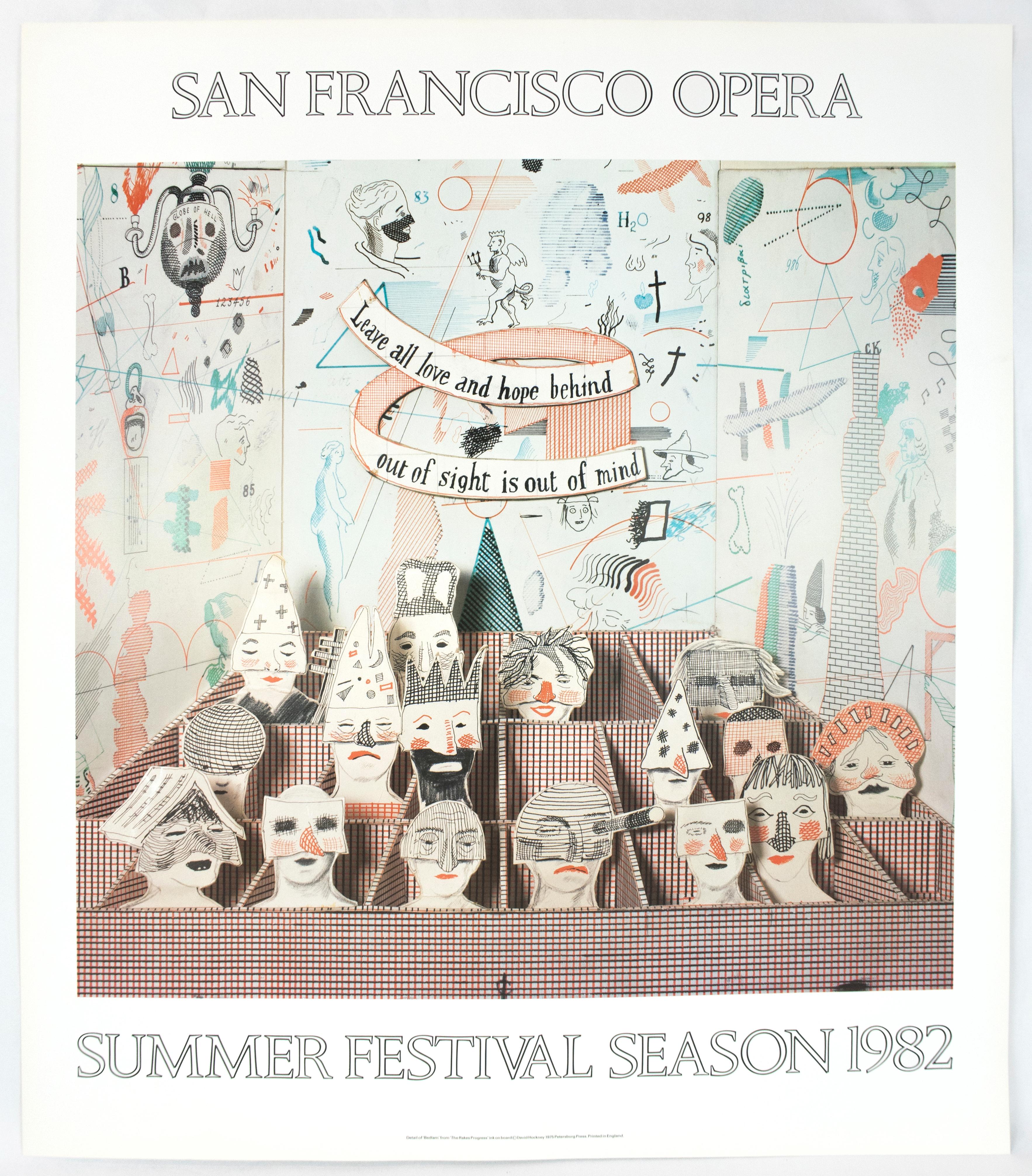 Vintage poster for the 1982 Summer Festival season of the San Francisco Opera. David Hockney designed the whimsical sets and costumes for the San Francisco Opera's production of Igor Stravinsky's "The Rakes Progress". Here the Bedlam scene is